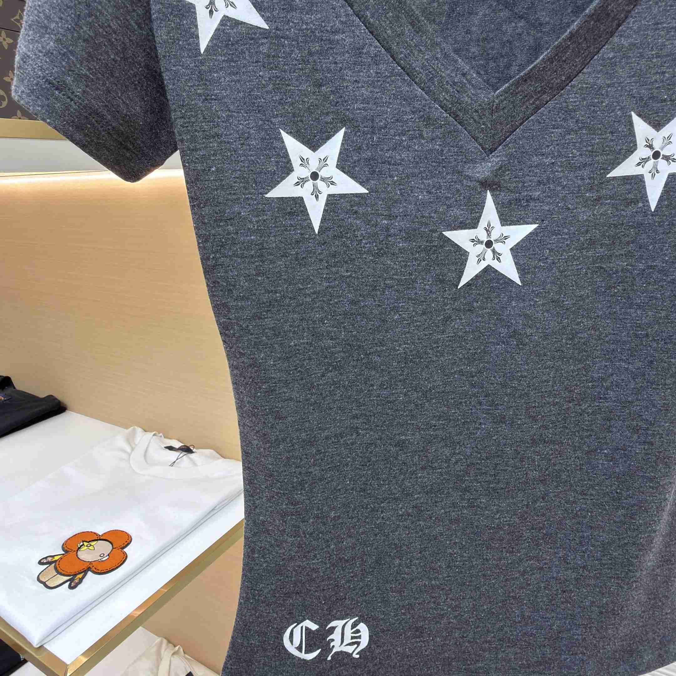 Chrome Hearts Multi-Star V-Neck T-Shirt - Grey  - DesignerGu