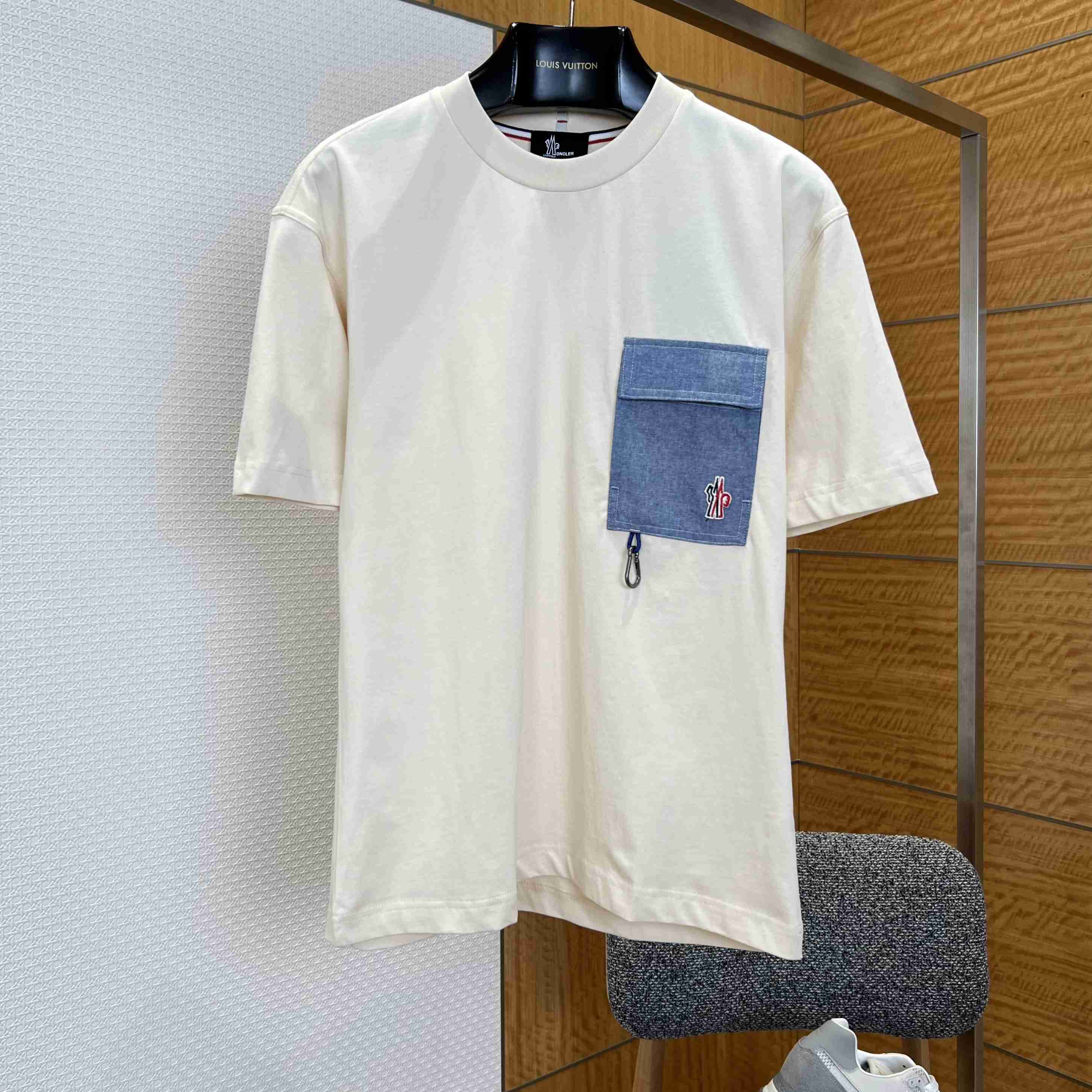Moncler Cotton Blend T-Shirt with Denim Pocket - DesignerGu