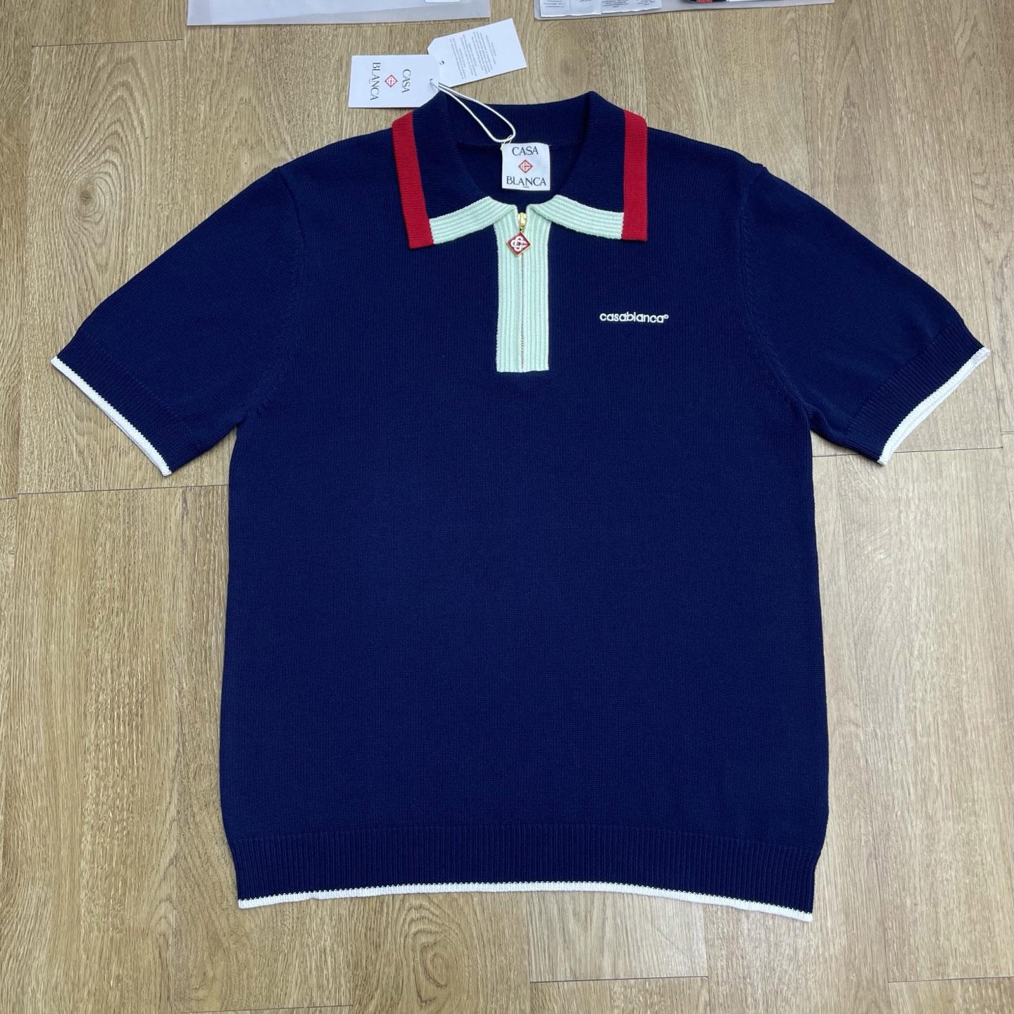 Casablanca Navy Merino Short Sleeve Polo Shirt D0205 - DesignerGu