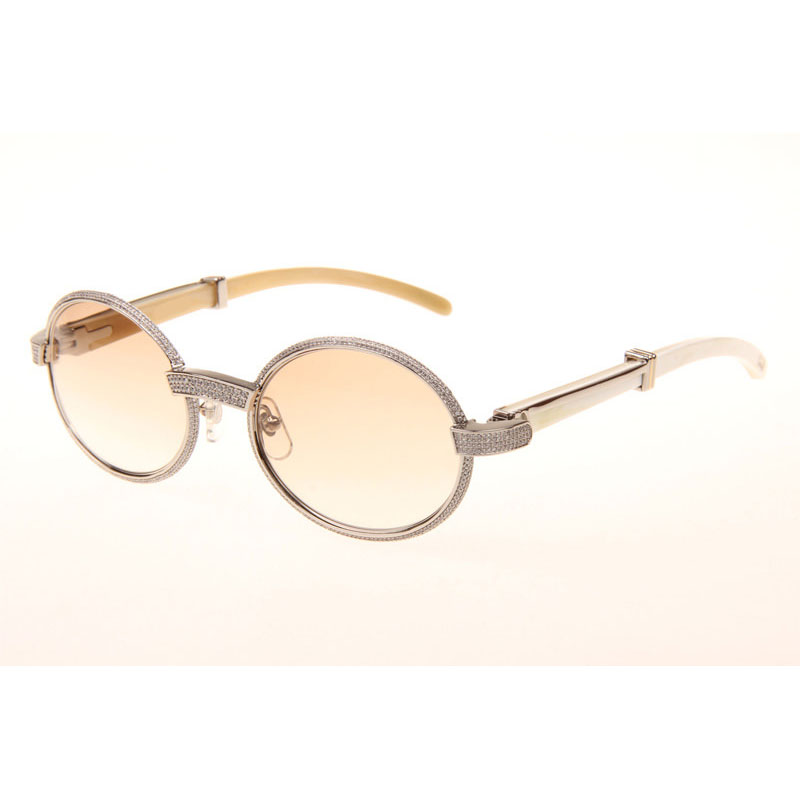 Cartier CT 7550178 Full Diamond White Buffalo Sunglasses In Silver Brown - DesignerGu