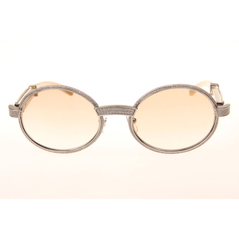 Cartier CT 7550178 Full Diamond White Buffalo Sunglasses In Silver Brown - DesignerGu