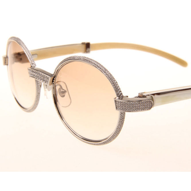 Cartier CT 7550178 Full Diamond White Buffalo Sunglasses In Silver Brown - DesignerGu