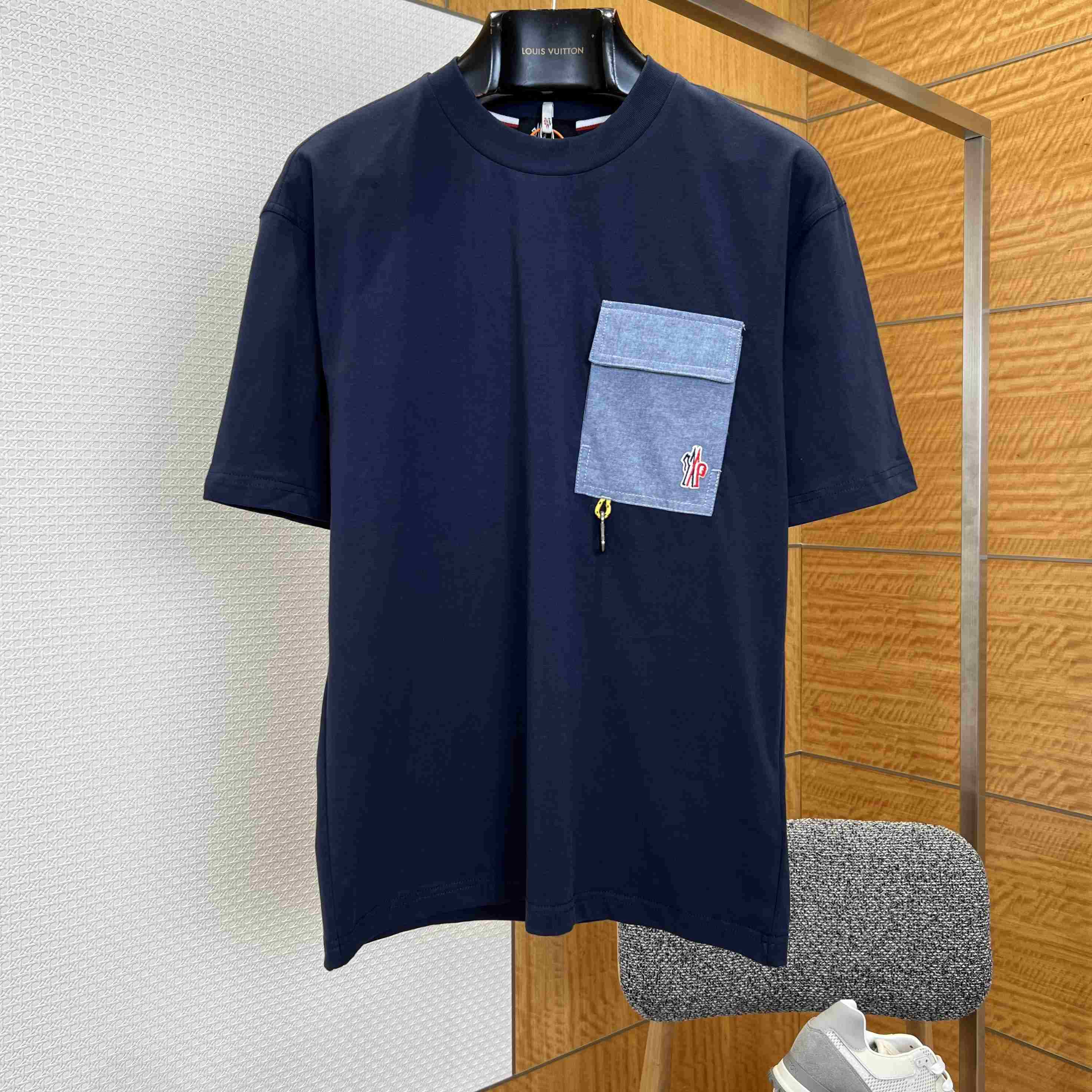Moncler Cotton Blend T-Shirt with Denim Pocket - DesignerGu
