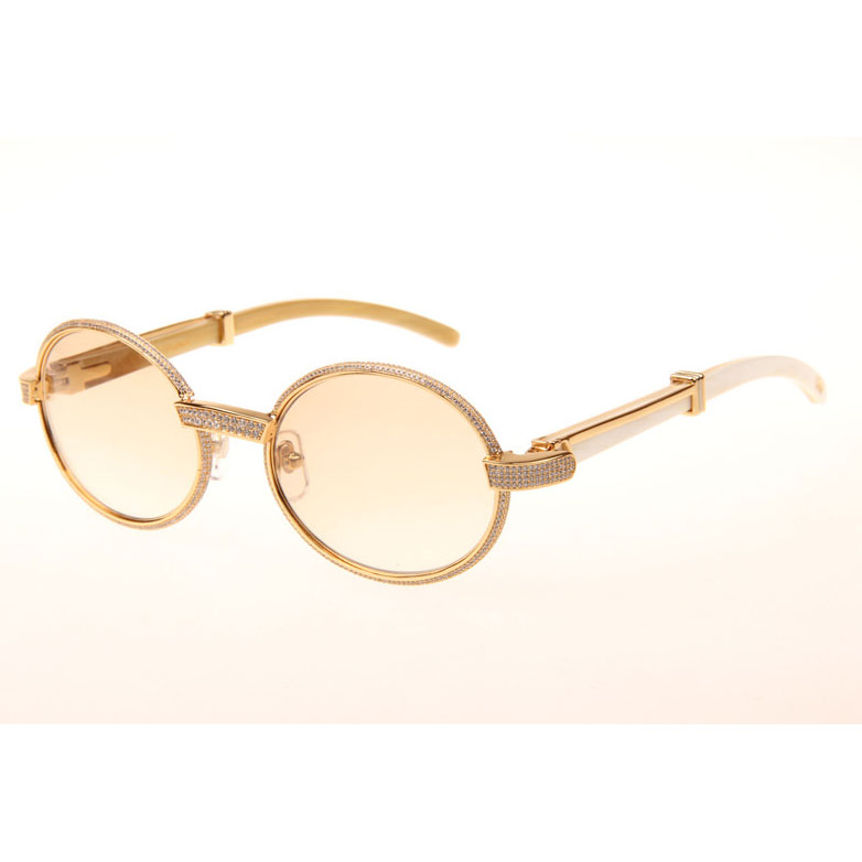 Cartier CT 7550178 Full Diamond White Buffalo Sunglasses In Gold Brown - DesignerGu