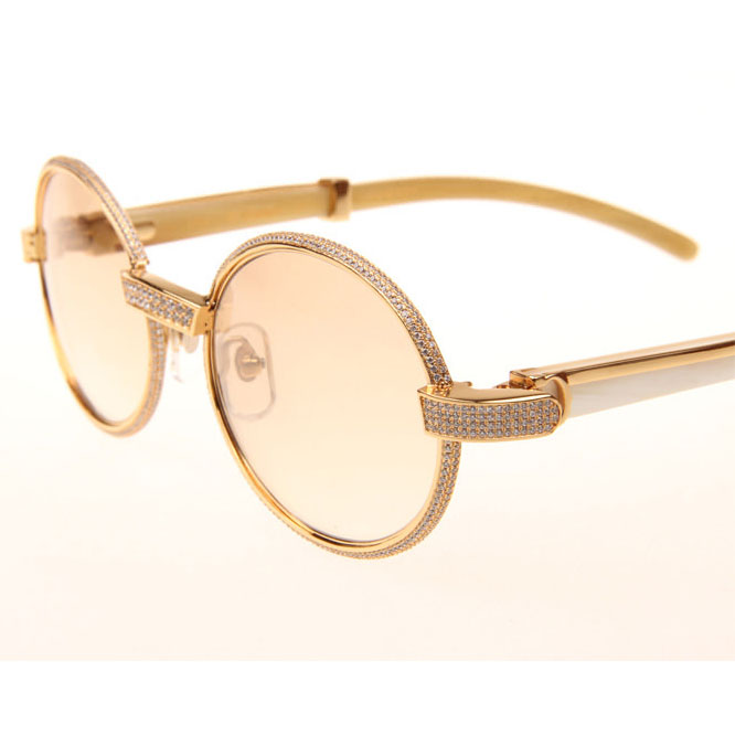 Cartier CT 7550178 Full Diamond White Buffalo Sunglasses In Gold Brown - DesignerGu
