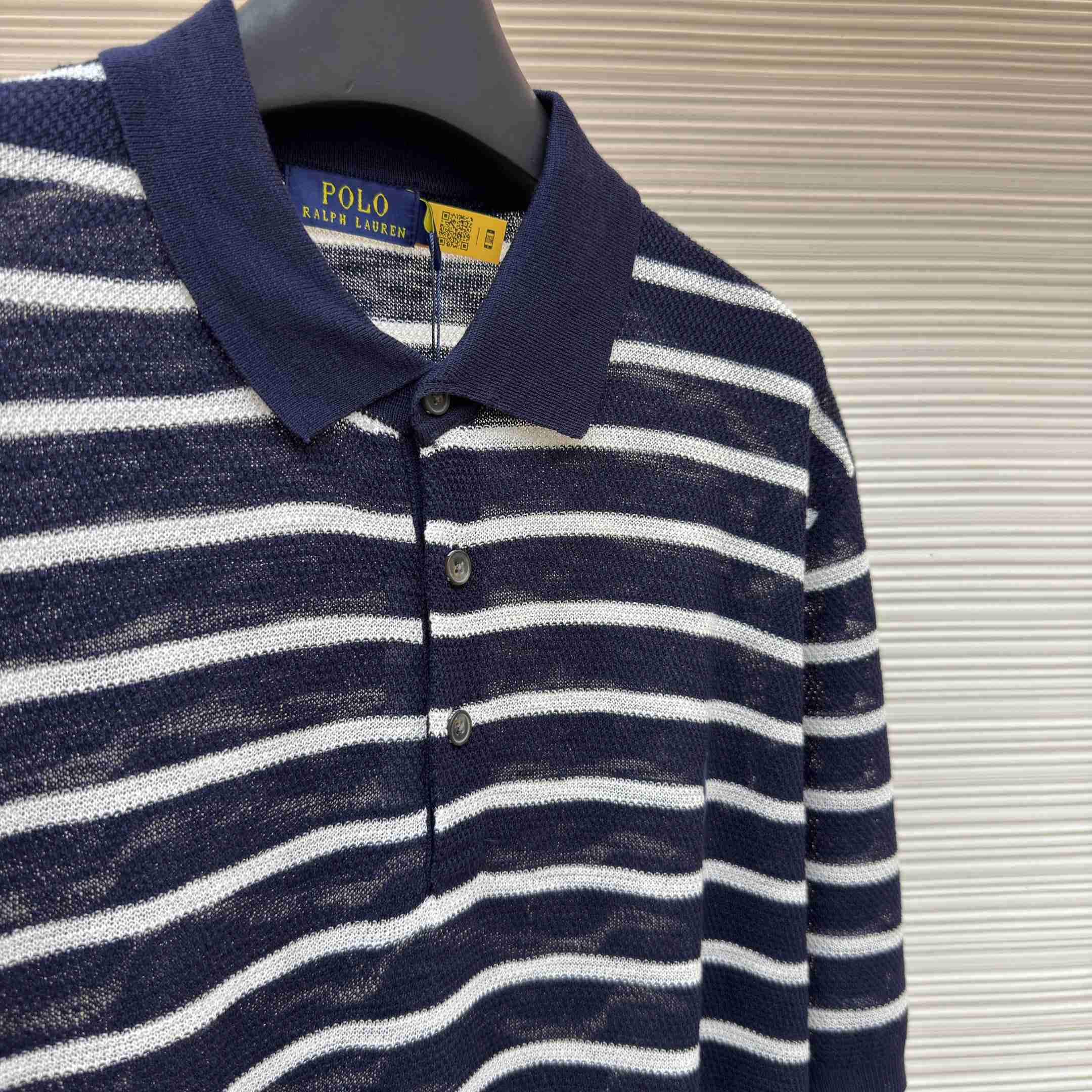 Ralph Lauren Striped Cotton-Linen Polo Sweater - DesignerGu