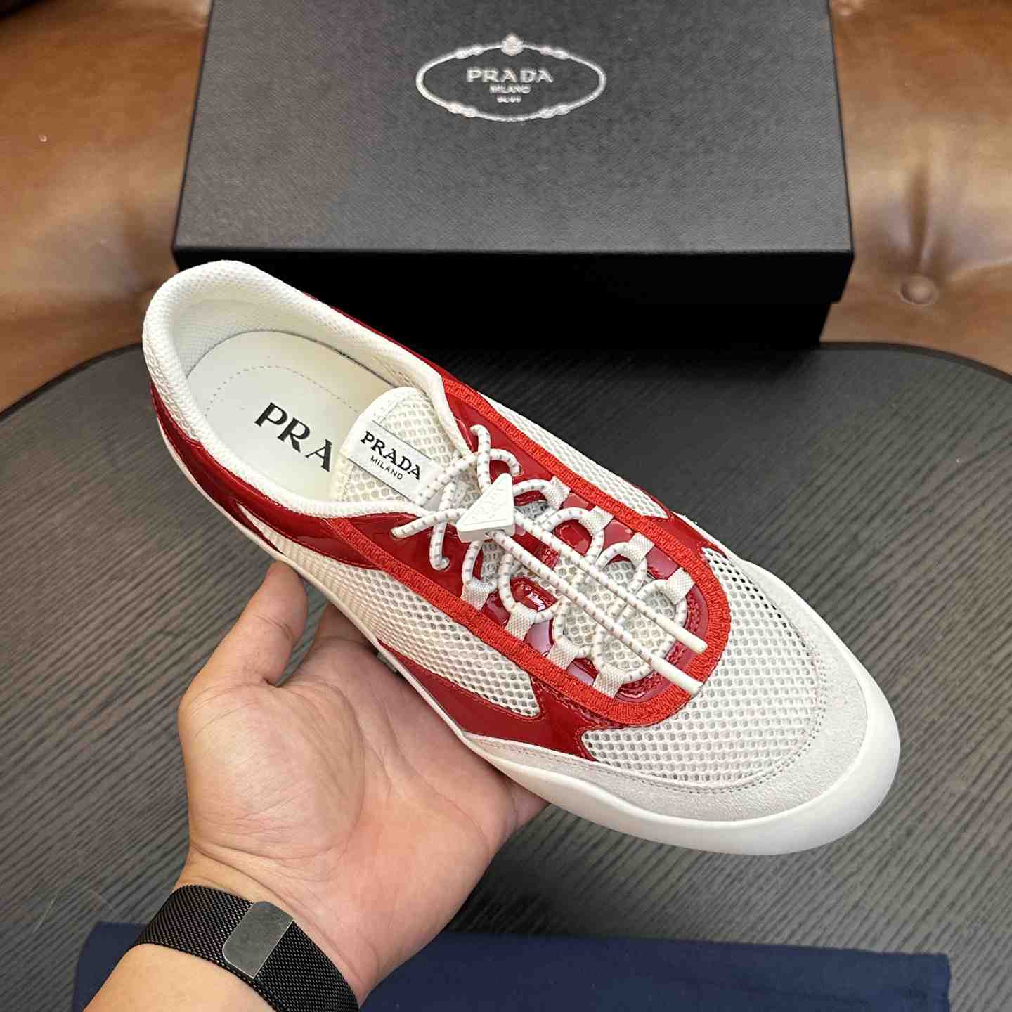 Prada Speedrock Patent Leather and Mesh Fabric Sneakers - DesignerGu