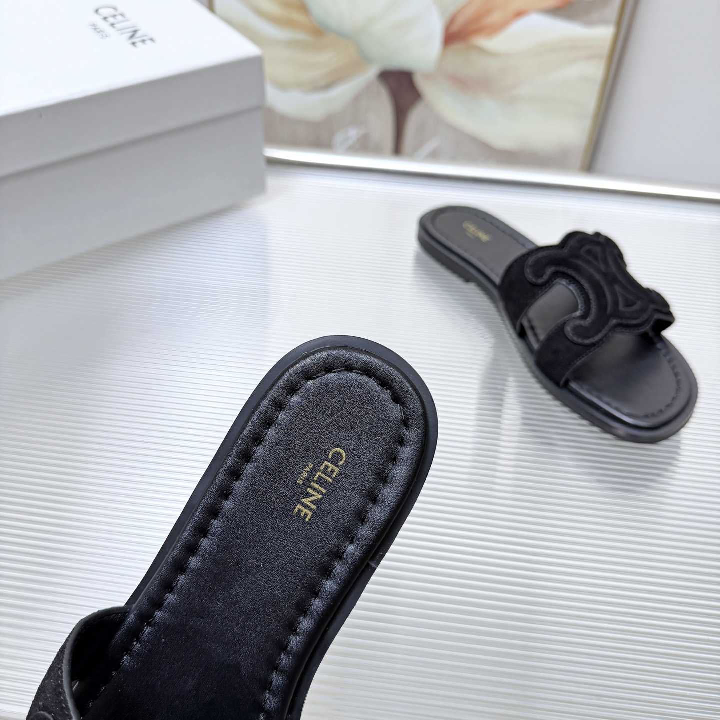 Celine Marina Triomphe Mule In Suede Calfskin - DesignerGu