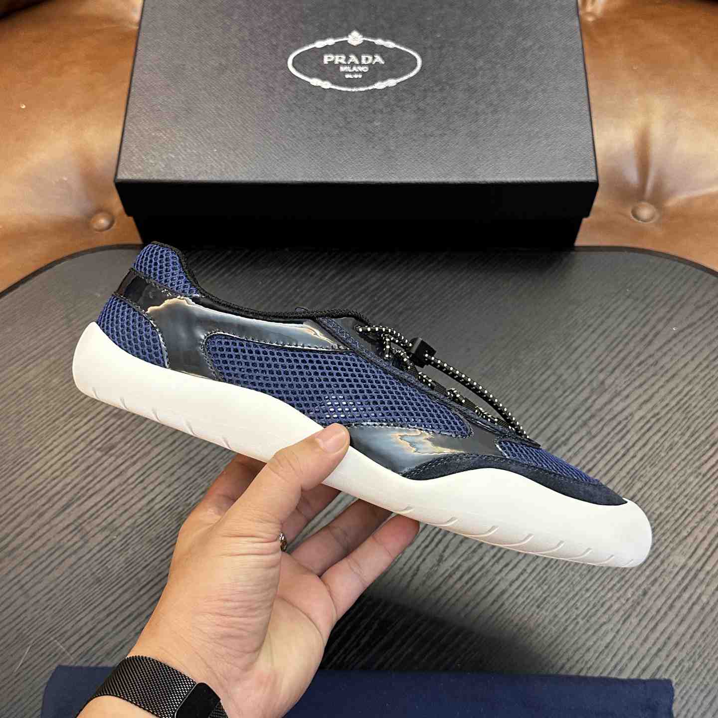 Prada Speedrock Patent Leather and Mesh Fabric Sneakers - DesignerGu