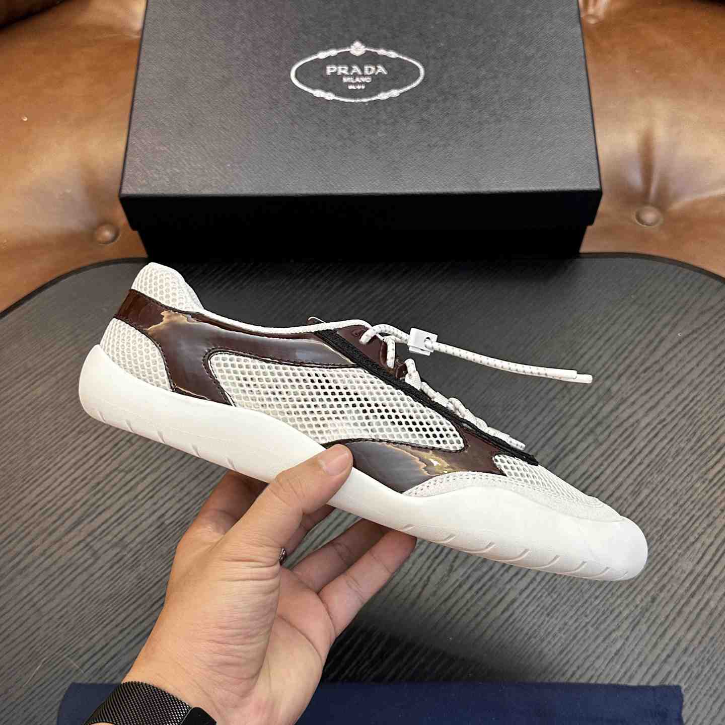 Prada Speedrock Patent Leather and Mesh Fabric Sneakers - DesignerGu