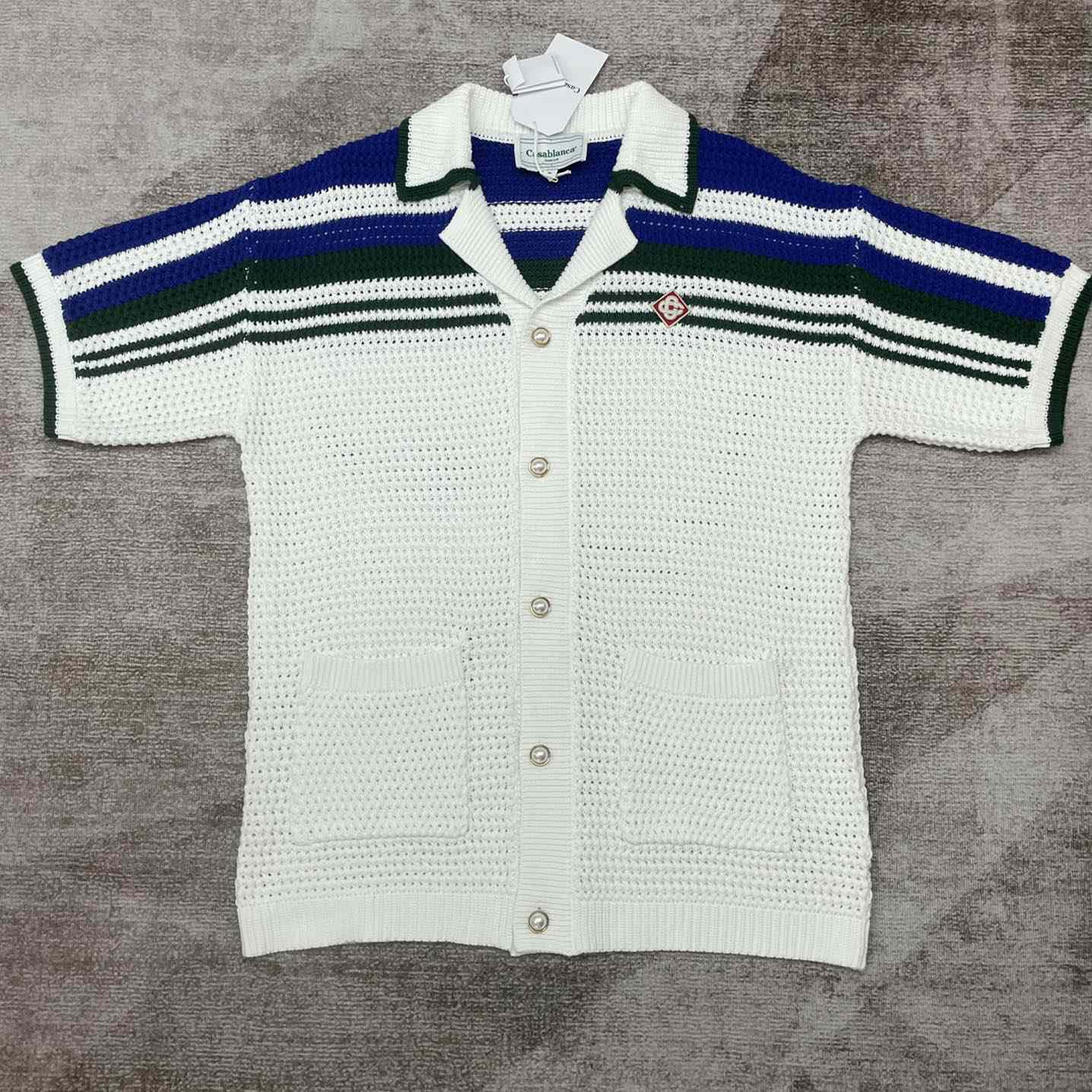 Casablanca Crochet Effect Tennis Shirt 'White/Green Stripe' D0031 - DesignerGu