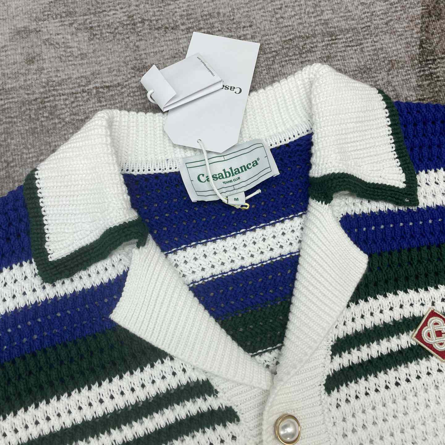Casablanca Crochet Effect Tennis Shirt 'White/Green Stripe' D0031 - DesignerGu