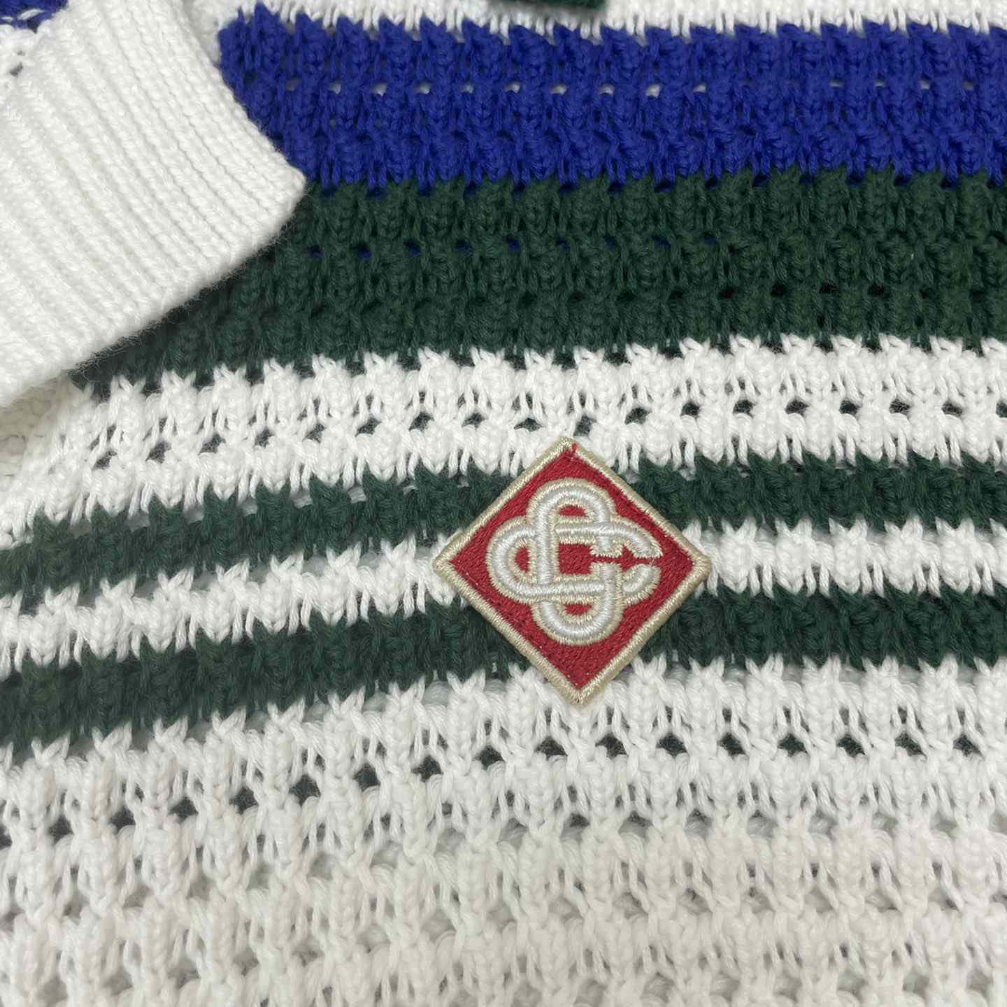 Casablanca Crochet Effect Tennis Shirt 'White/Green Stripe' D0031 - DesignerGu