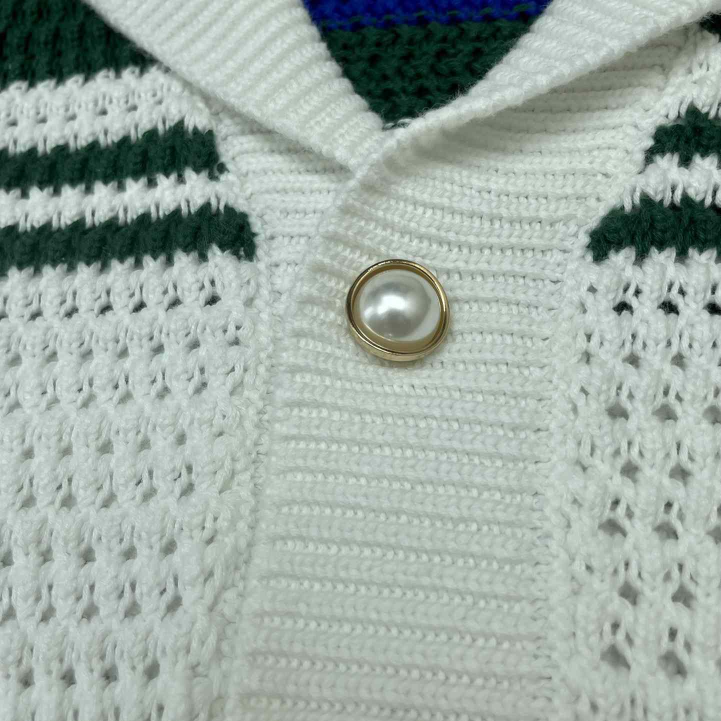 Casablanca Crochet Effect Tennis Shirt 'White/Green Stripe' D0031 - DesignerGu
