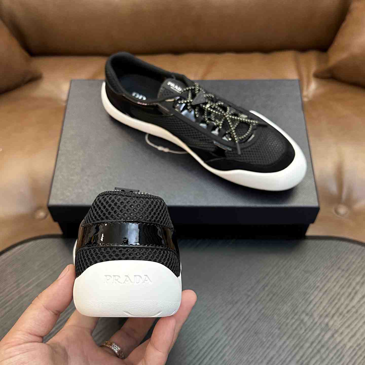 Prada Speedrock Patent Leather and Mesh Fabric Sneakers - DesignerGu