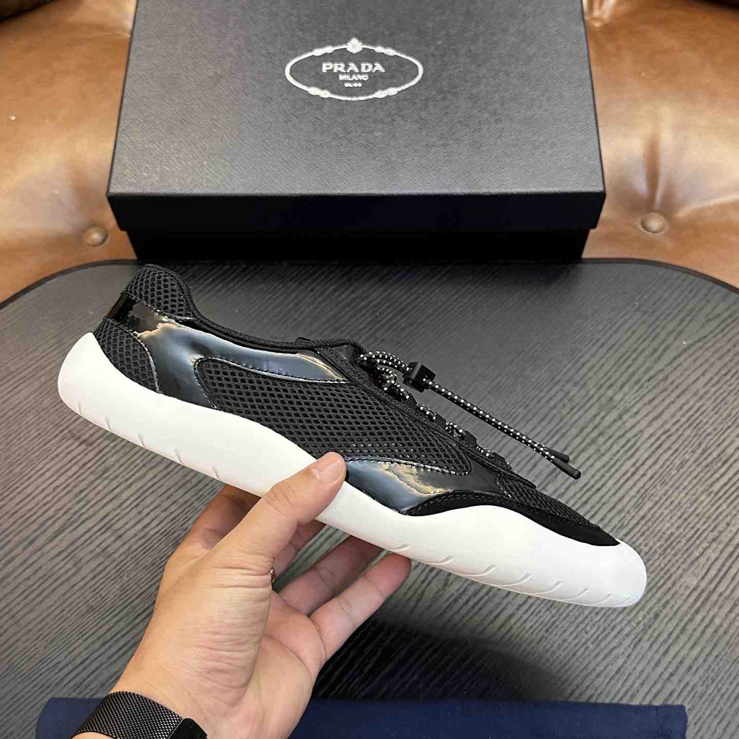 Prada Speedrock Patent Leather and Mesh Fabric Sneakers - DesignerGu