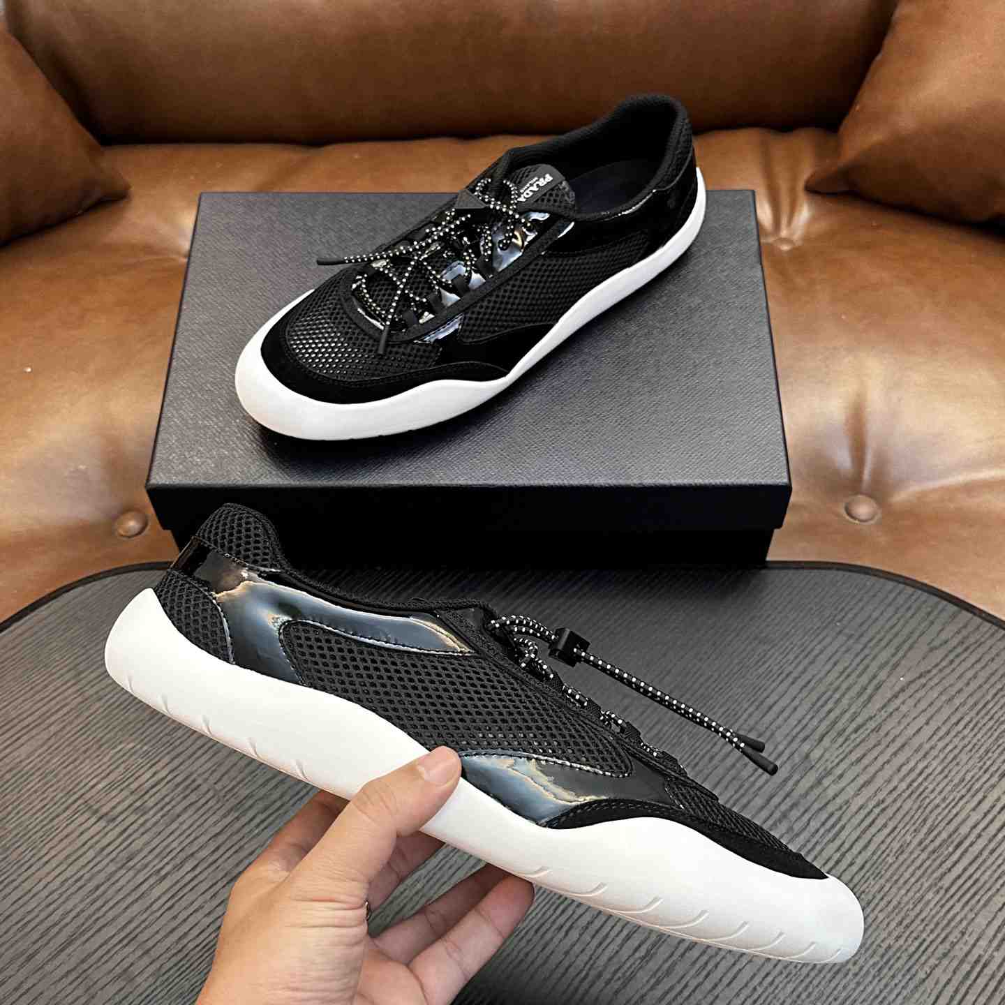 Prada Speedrock Patent Leather and Mesh Fabric Sneakers - DesignerGu