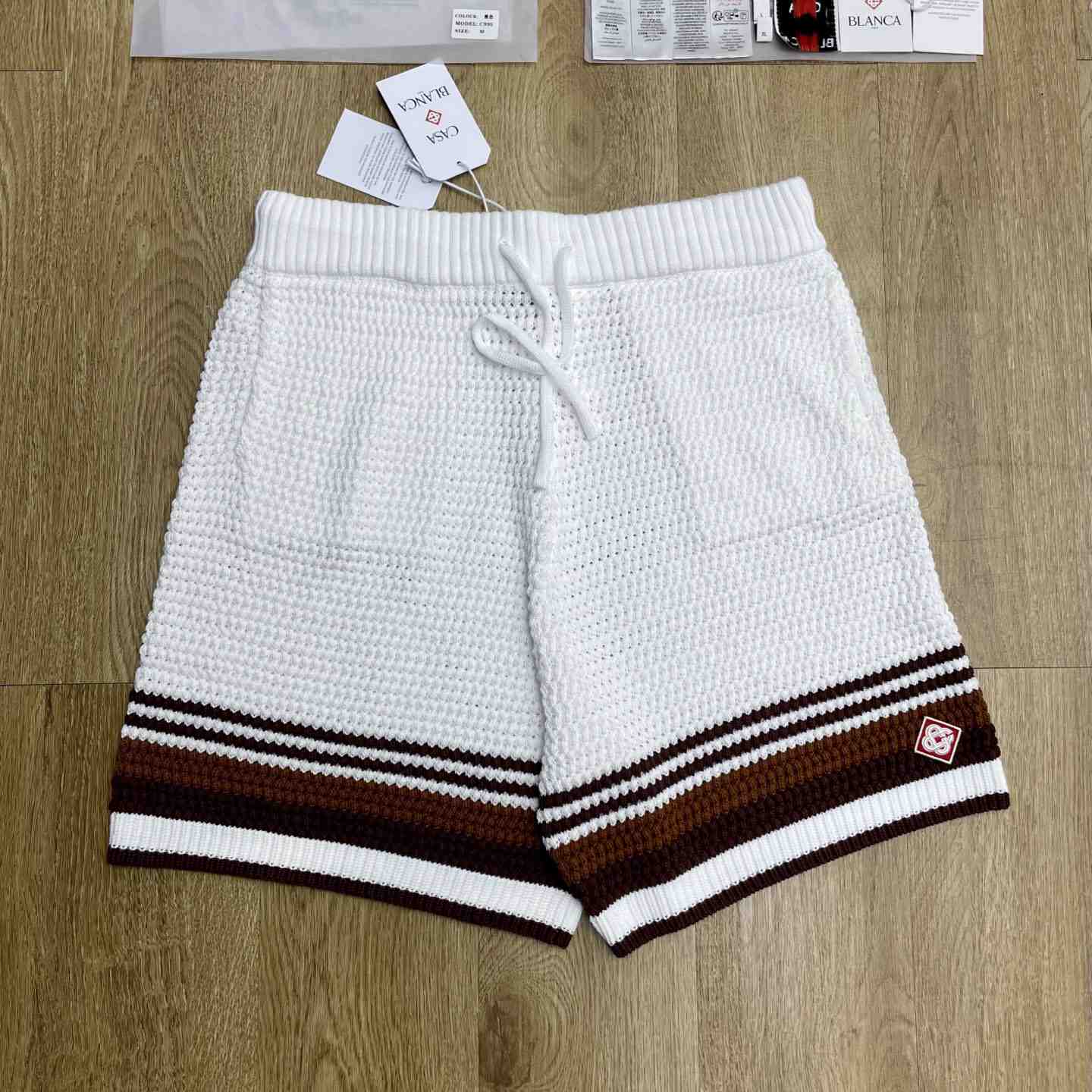 Casablanca White & Brown Tennis Stripe Crochet Shorts D0209 - DesignerGu