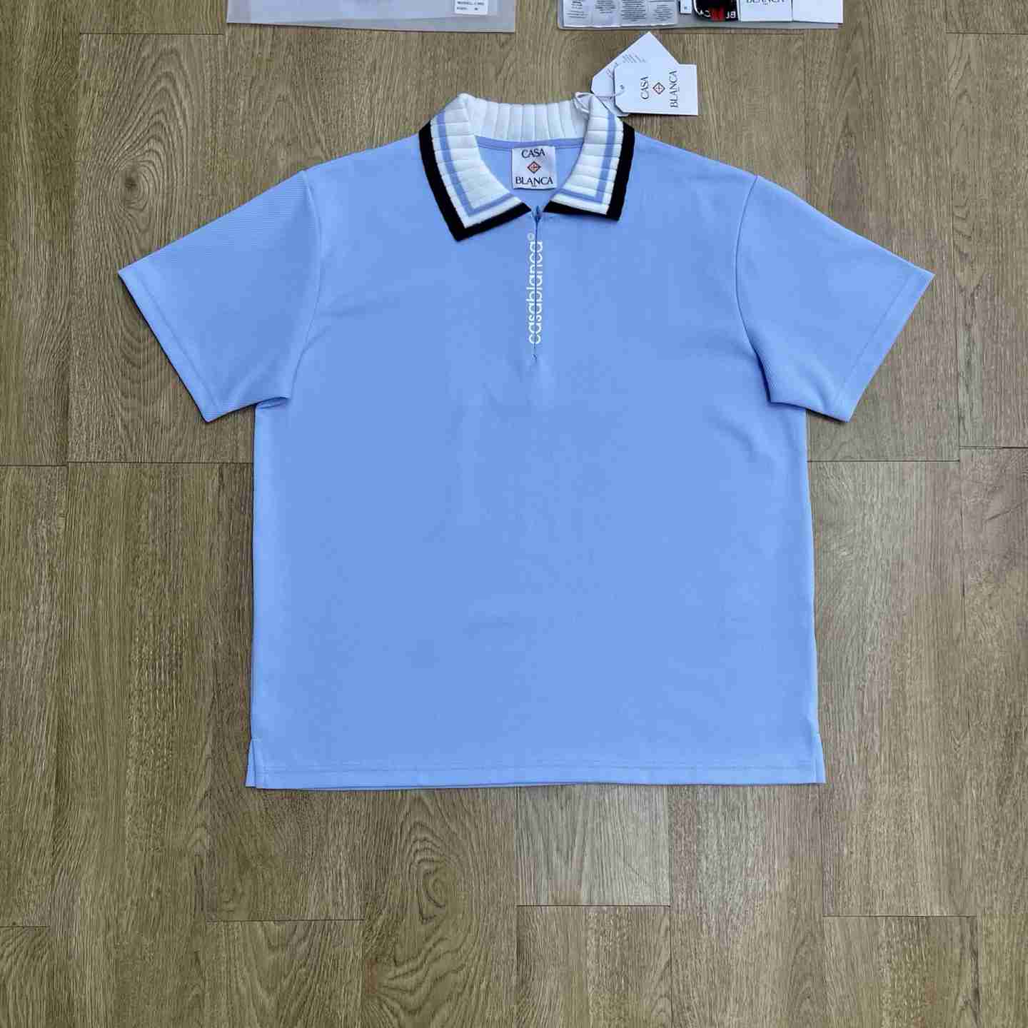 Casablanca Pale Blue Pique Quarter Zip Short Sleeve Polo Shirt C1179 - DesignerGu