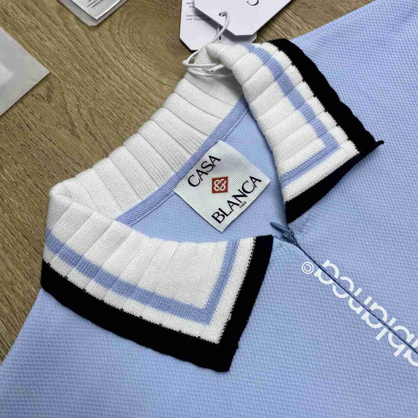 Casablanca Pale Blue Pique Quarter Zip Short Sleeve Polo Shirt C1179 - DesignerGu