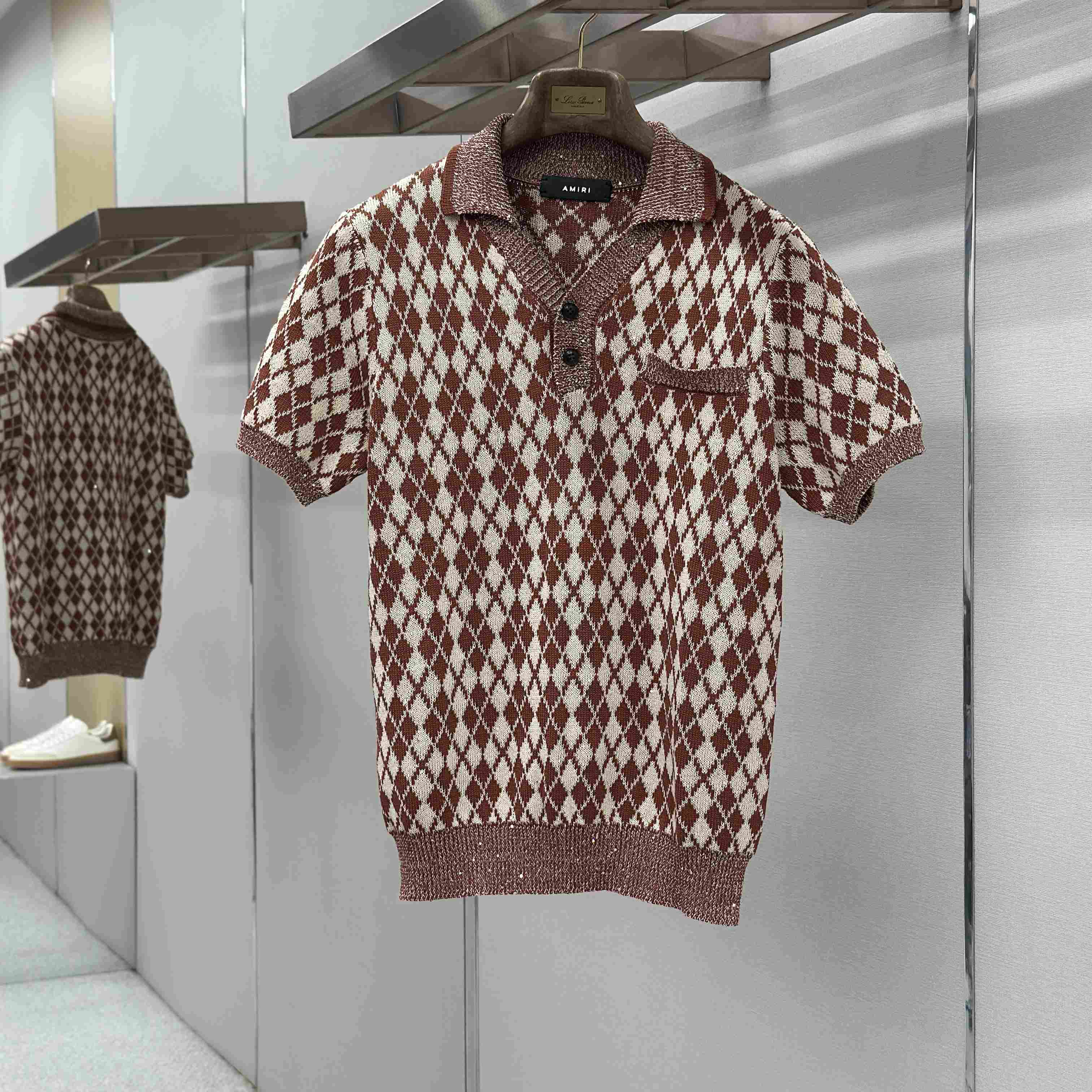 Amiri Argyle Plaid Knitted Polo Shirt - DesignerGu