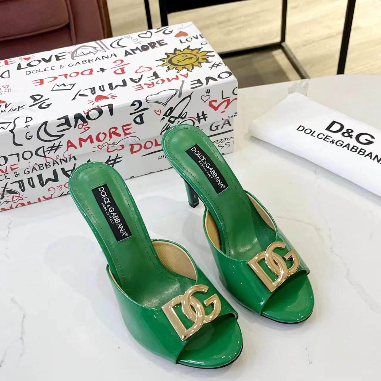 Dolce & Gabbana Patent Leather Mules With DG Logo - DesignerGu