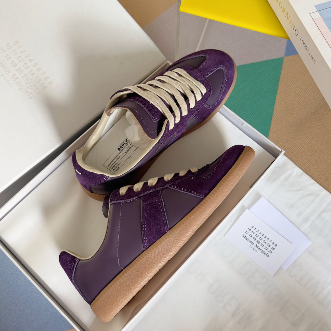 Maison Margiela Replica Leather and Suede Sneakers - Burgundy - DesignerGu