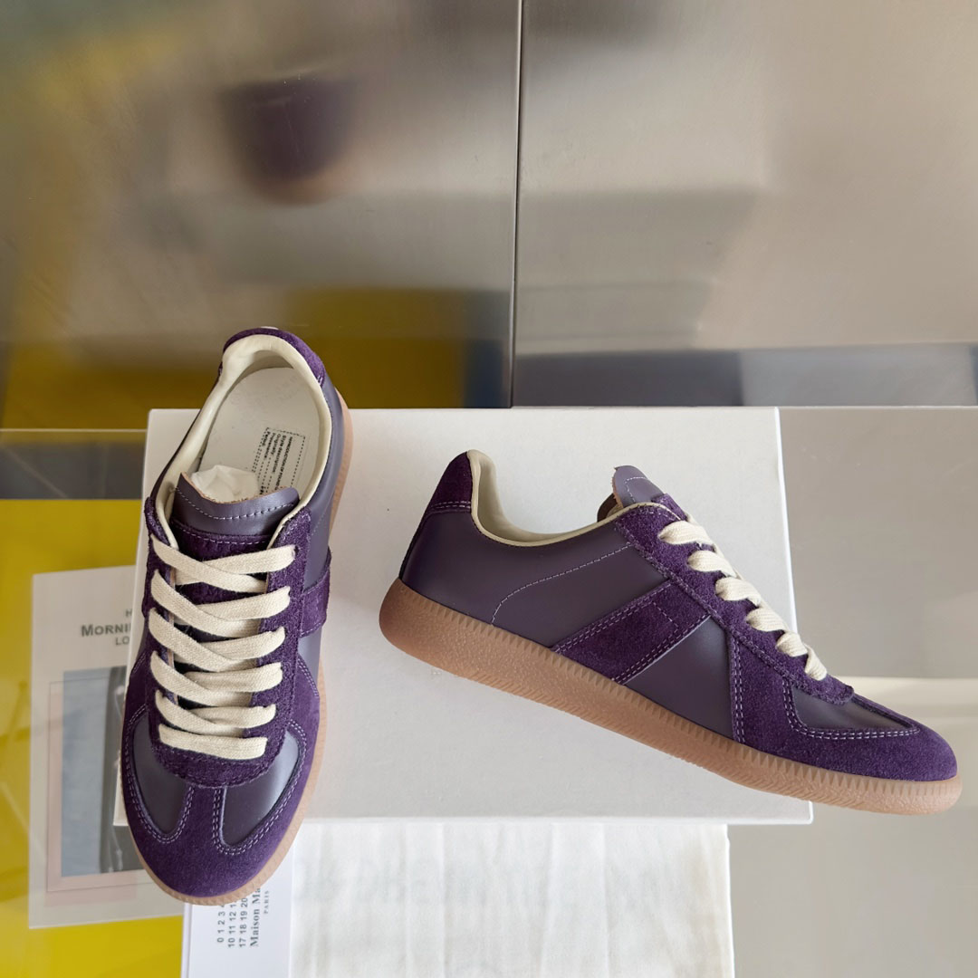 Maison Margiela Replica Leather and Suede Sneakers - Burgundy - DesignerGu