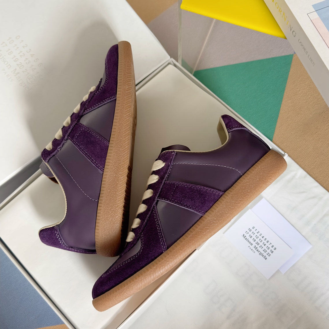 Maison Margiela Replica Leather and Suede Sneakers - Burgundy - DesignerGu