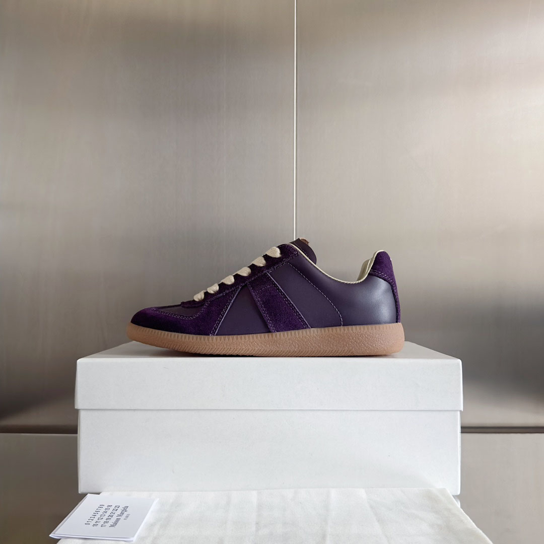 Maison Margiela Replica Leather and Suede Sneakers - Burgundy - DesignerGu