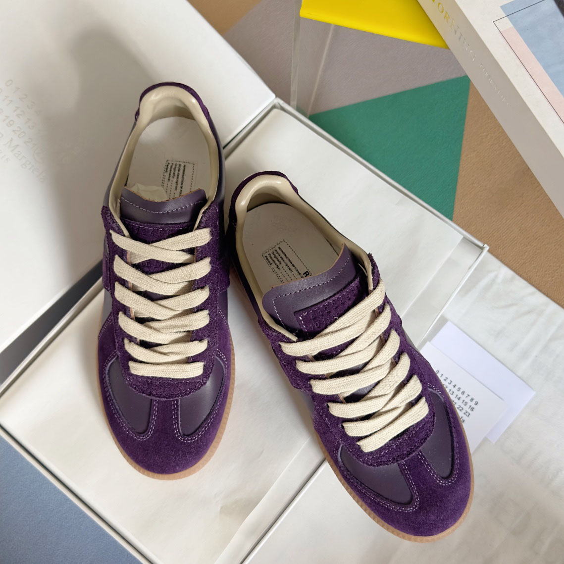 Maison Margiela Replica Leather and Suede Sneakers - Burgundy - DesignerGu