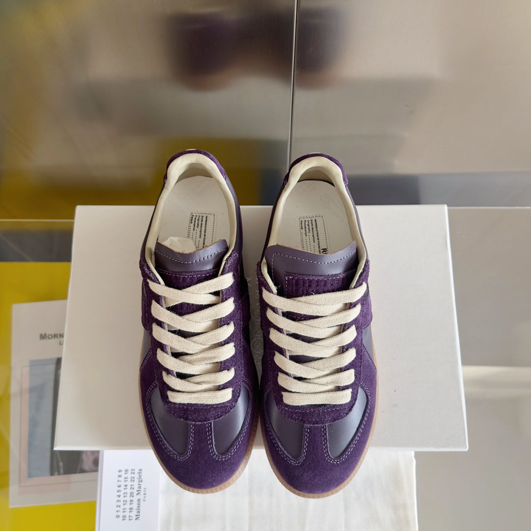 Maison Margiela Replica Leather and Suede Sneakers - Burgundy - DesignerGu