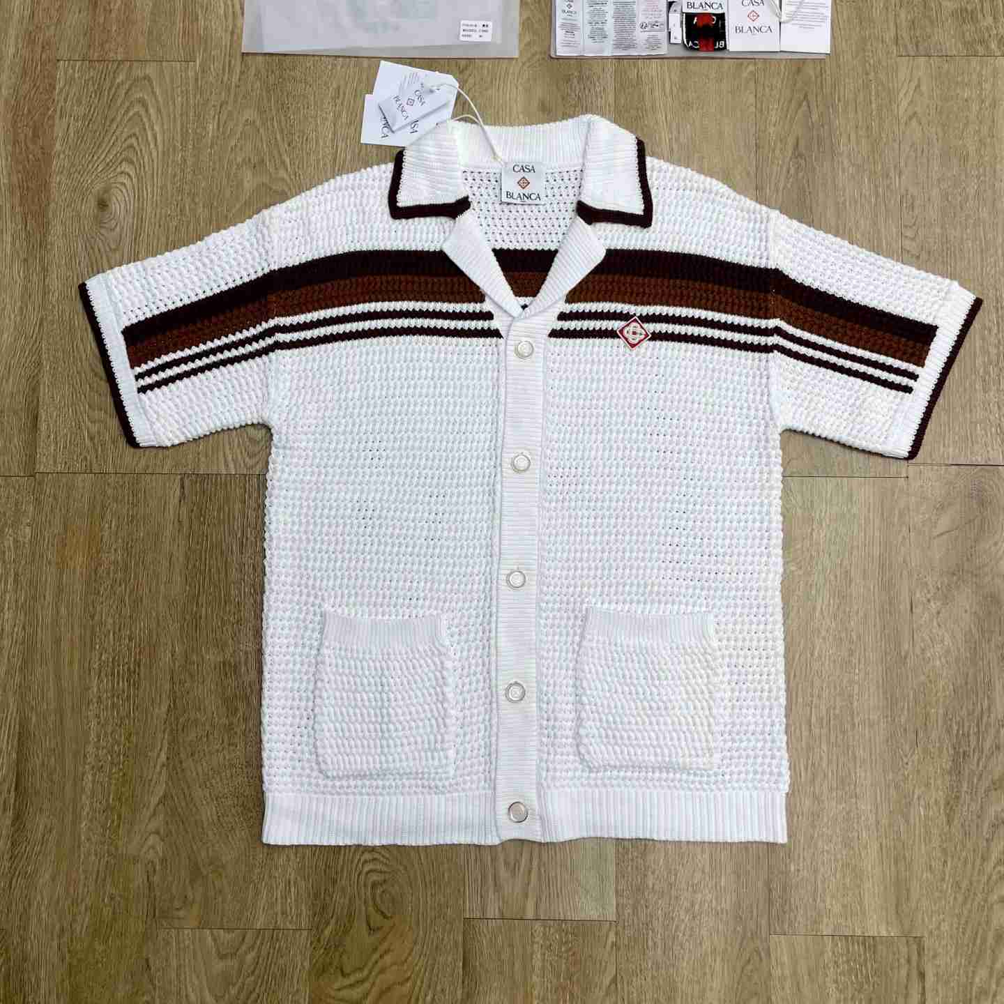 Casablanca White & Brown Tennis Stripe Crochet Short Sleeve Shirt D0208 - DesignerGu