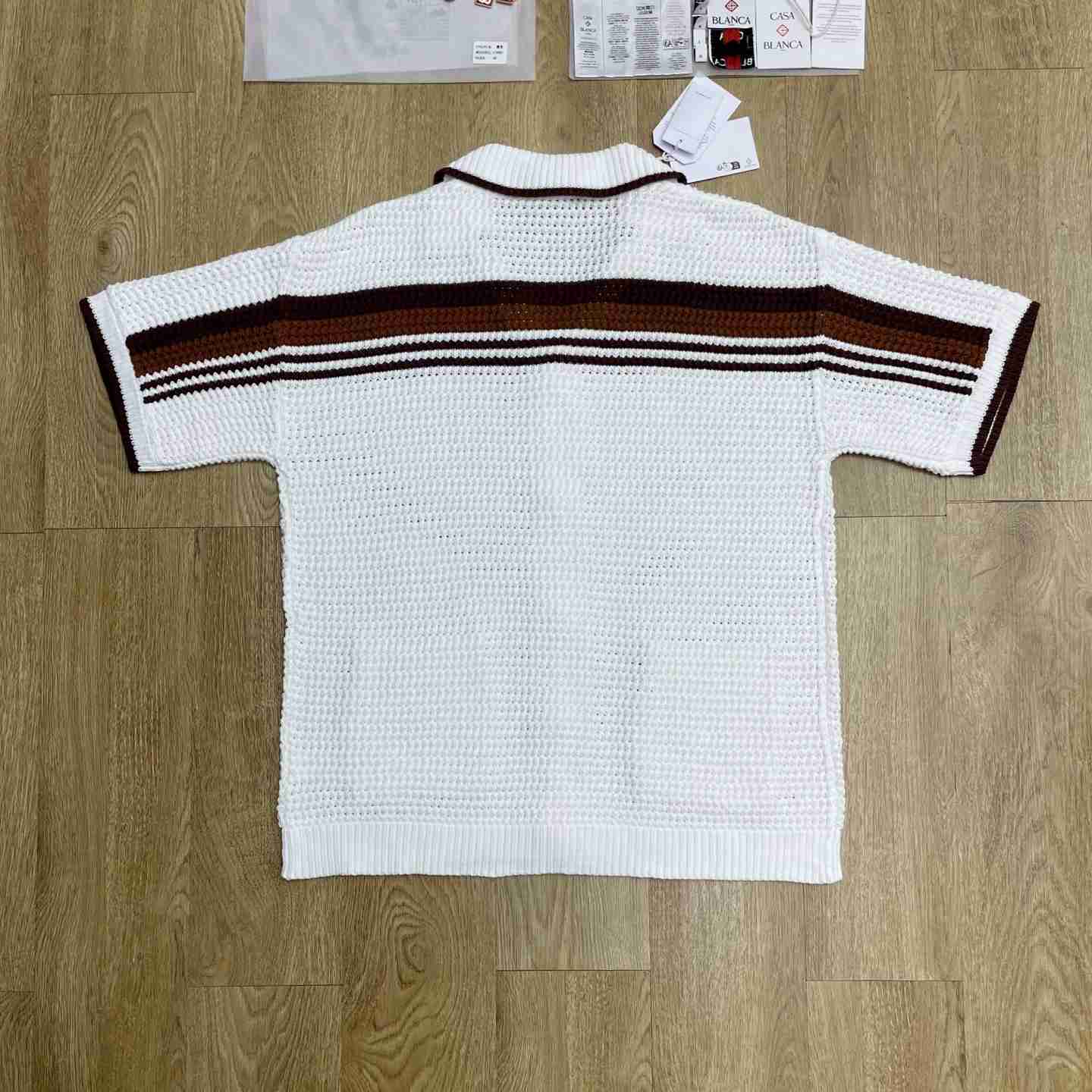 Casablanca White & Brown Tennis Stripe Crochet Short Sleeve Shirt D0208 - DesignerGu