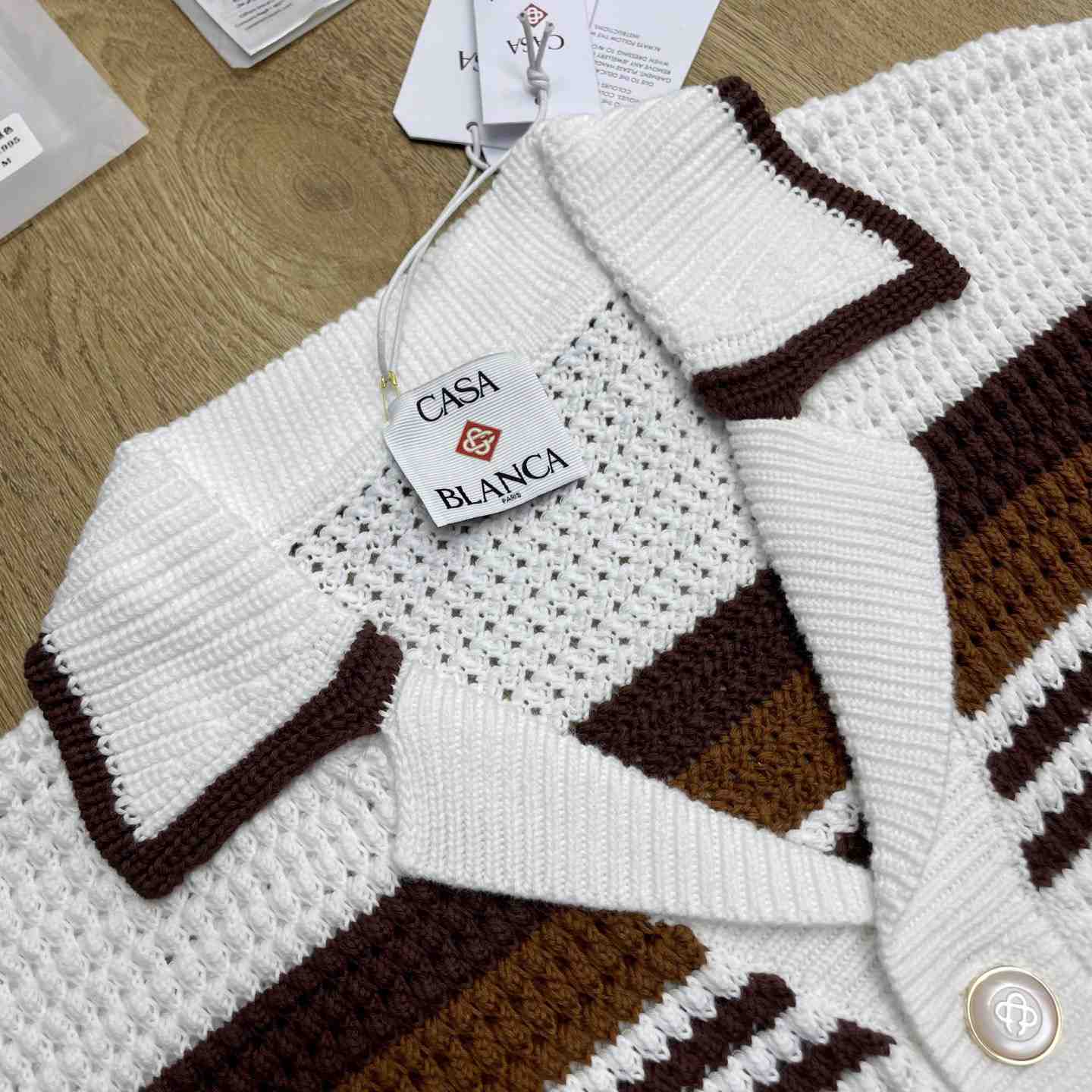 Casablanca White & Brown Tennis Stripe Crochet Short Sleeve Shirt D0208 - DesignerGu