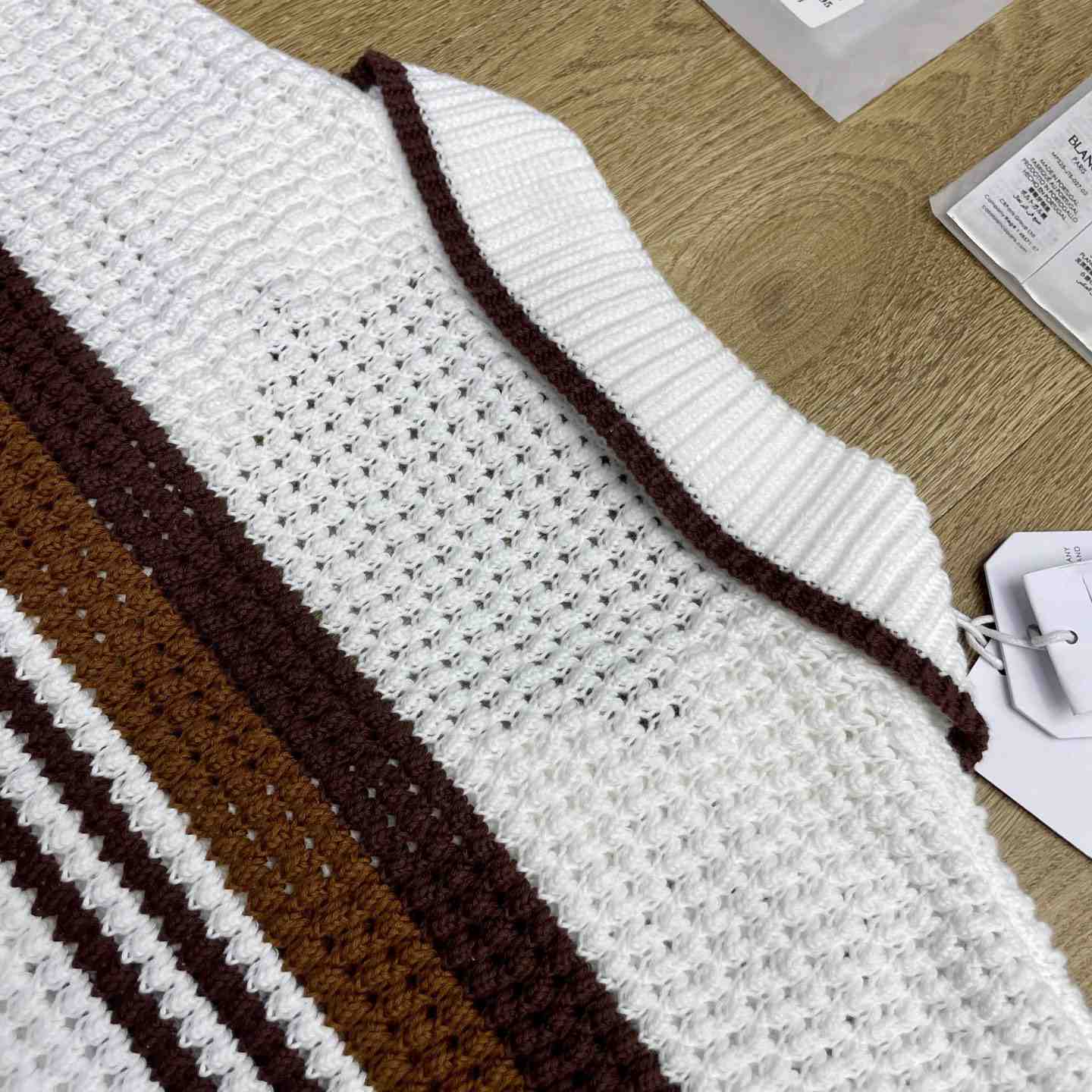 Casablanca White & Brown Tennis Stripe Crochet Short Sleeve Shirt D0208 - DesignerGu