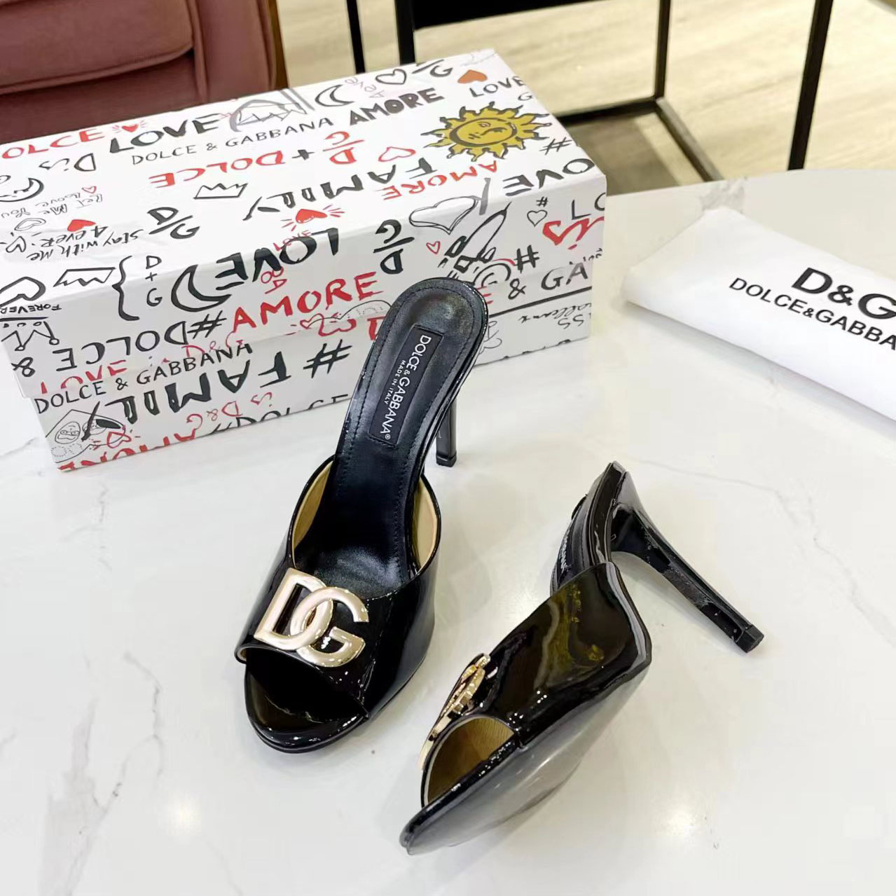 Dolce & Gabbana Patent Leather Mules With DG Logo - DesignerGu