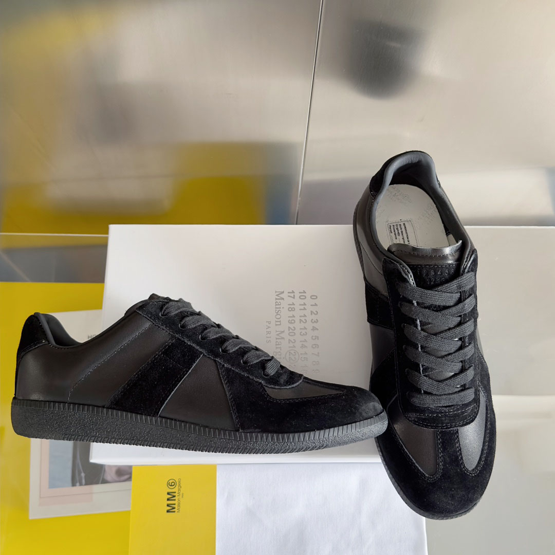 Maison Margiela Replica Leather and Suede Sneakers - Black - DesignerGu