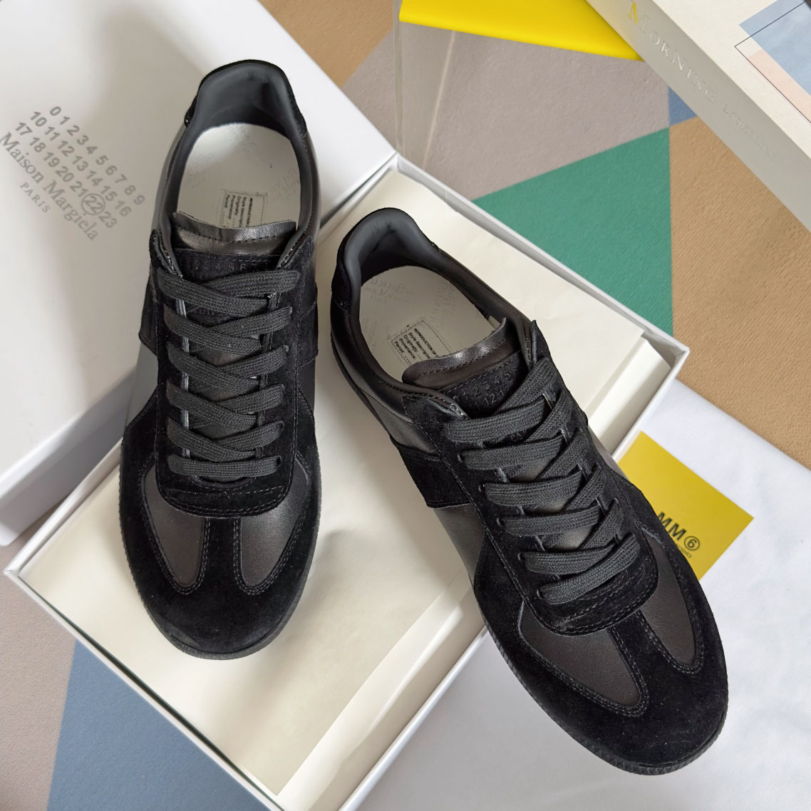 Maison Margiela Replica Leather and Suede Sneakers - Black - DesignerGu
