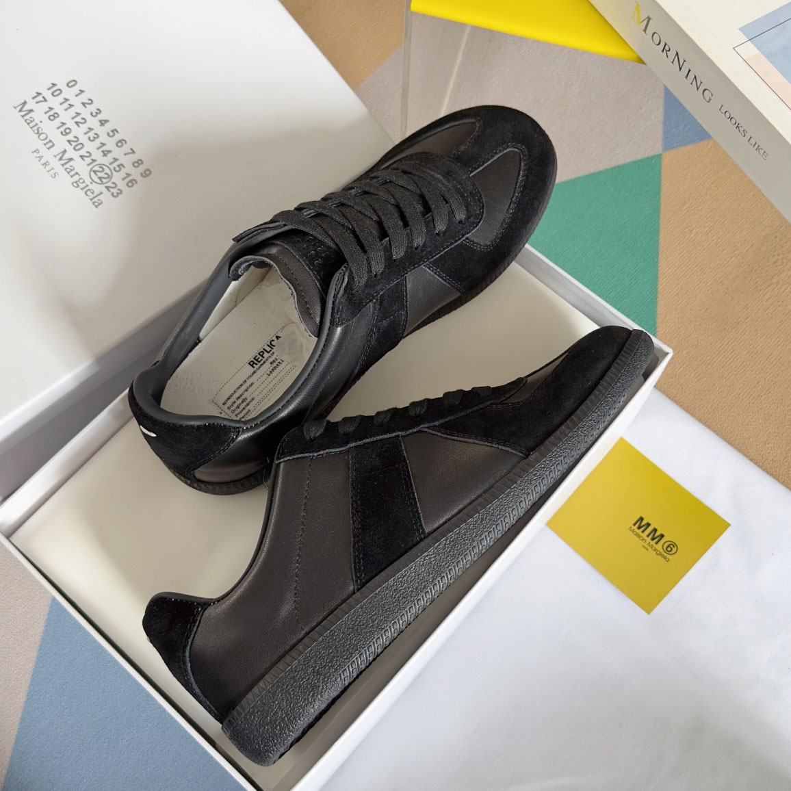 Maison Margiela Replica Leather and Suede Sneakers - Black - DesignerGu