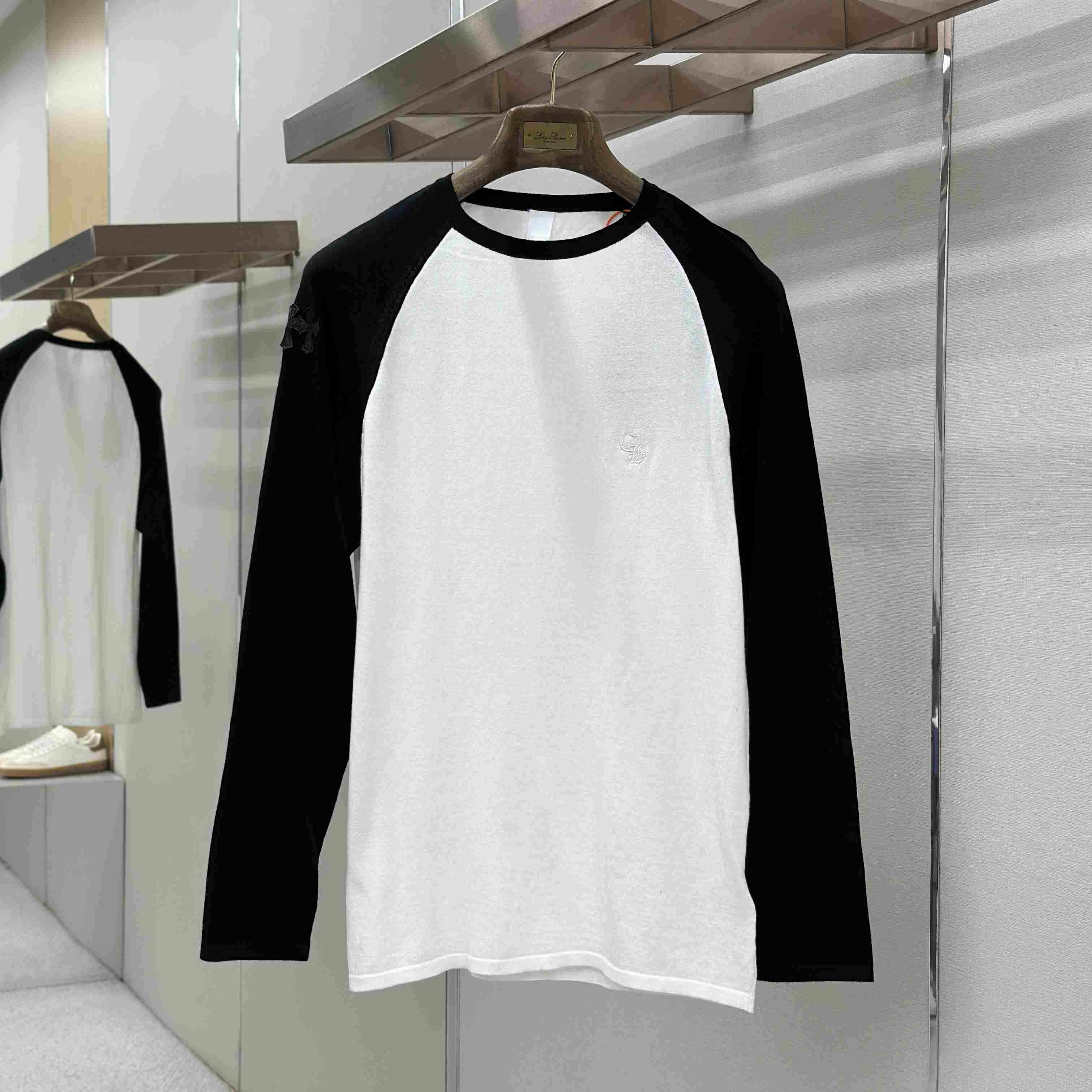 Chrome Hearts Cross Patch Embroidered Silk Raglan Black&White Long Sleeve Tee - DesignerGu