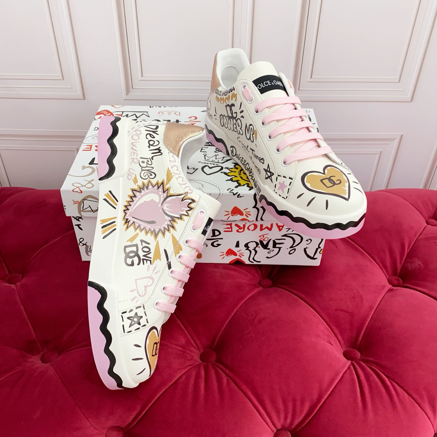 Dolce & Gabbana Portofino Doodle Leather Low-Top Sneakers - DesignerGu