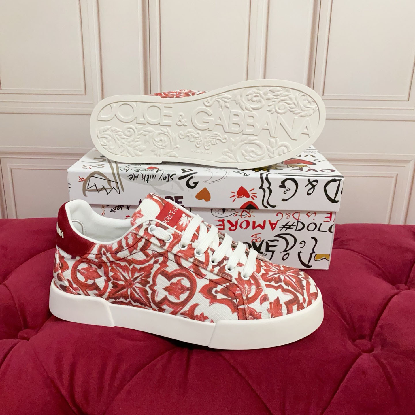 Dolce & Gabbana Majolica-Printed Portofino Sneakers - DesignerGu