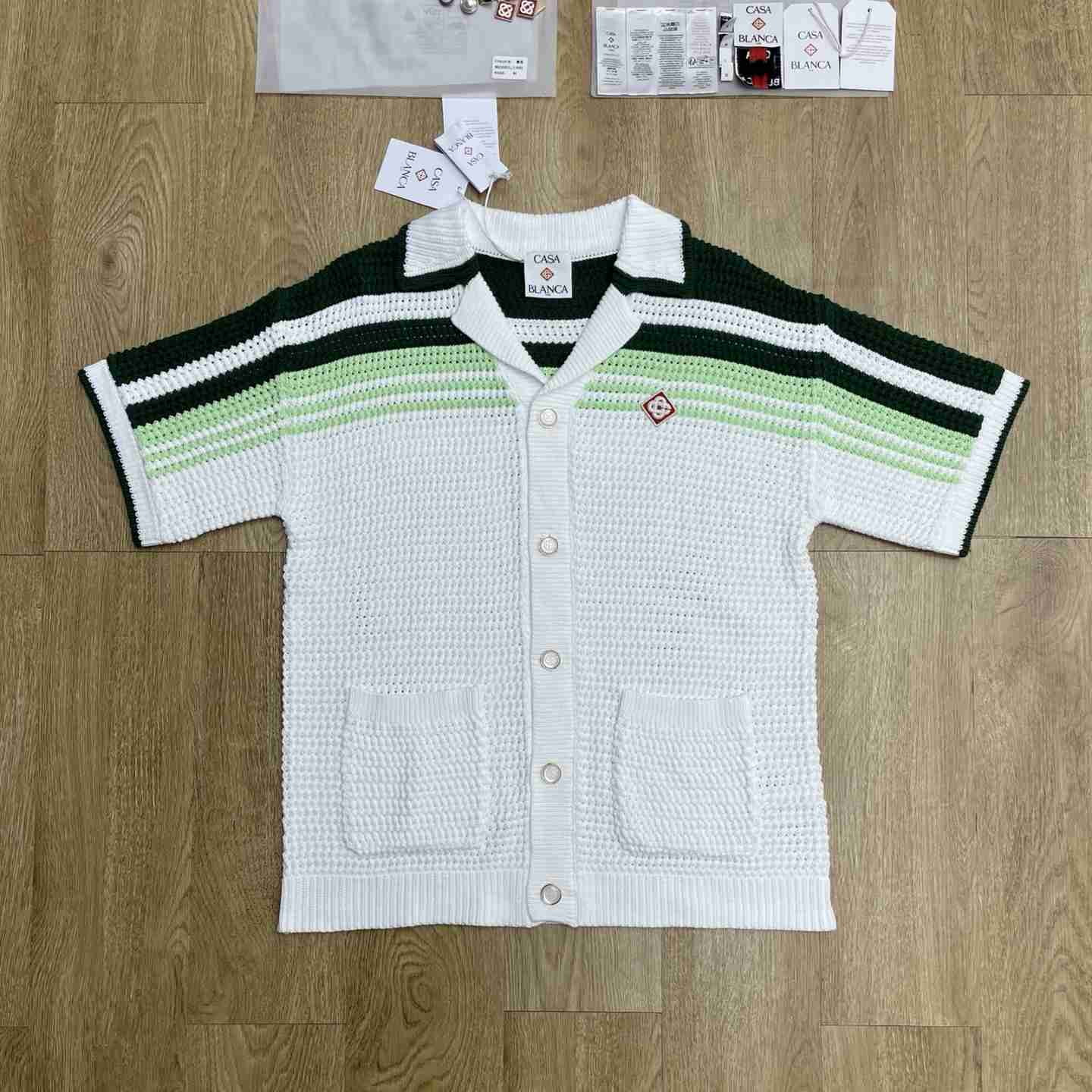 Casablanca Green & White Tennis Stripe Crochet Short Sleeve Shirt D0206 - DesignerGu