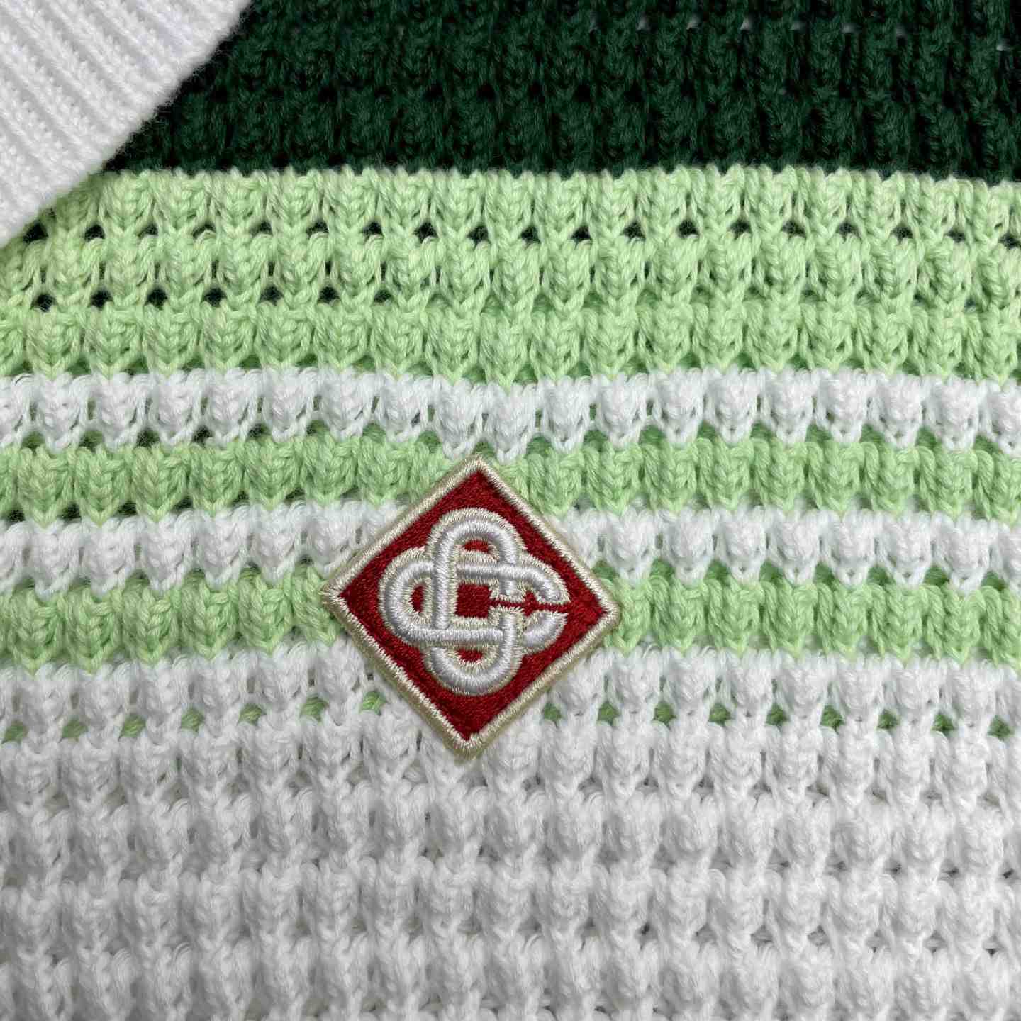 Casablanca Green & White Tennis Stripe Crochet Short Sleeve Shirt D0206 - DesignerGu