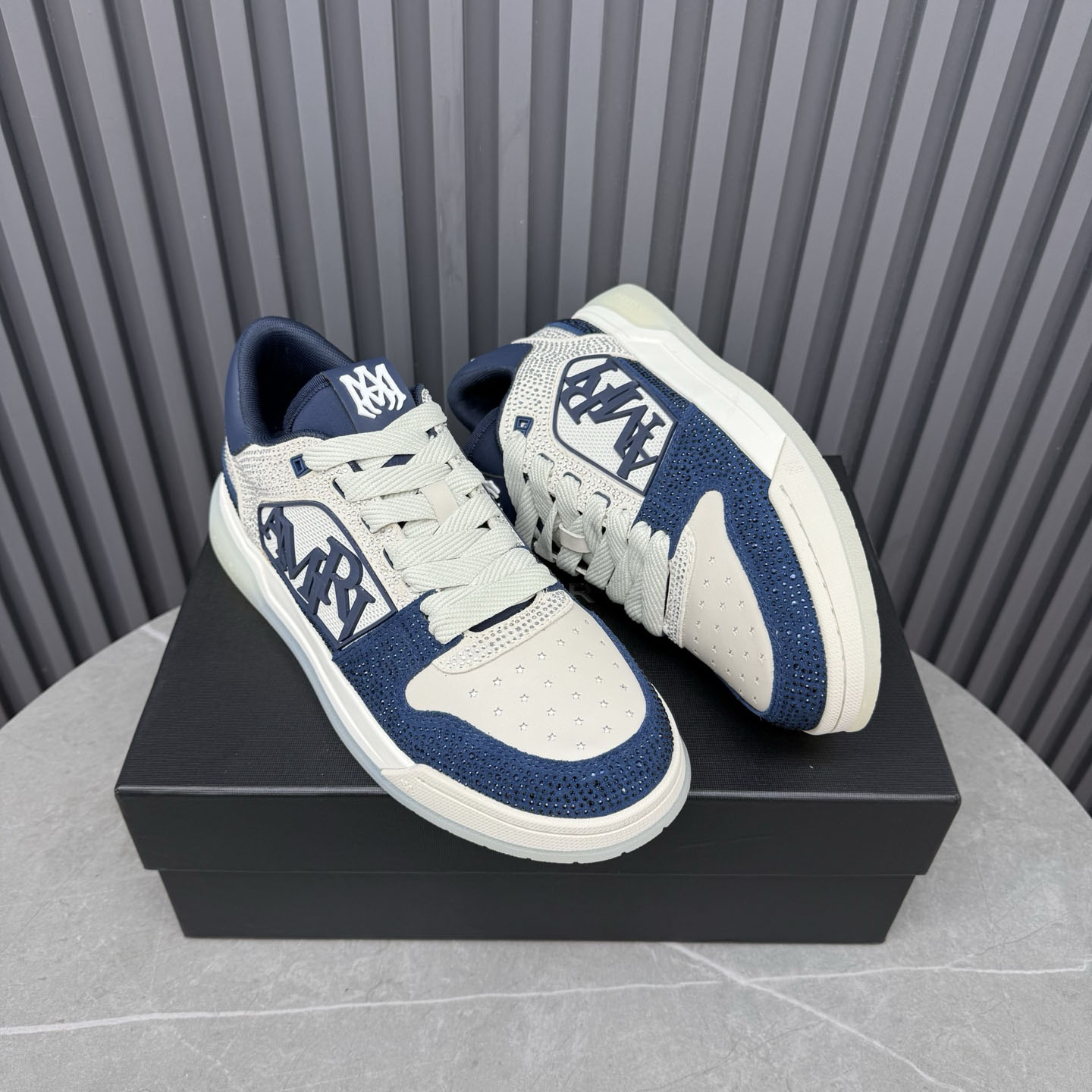 Amiri Beige & Navy Crystal Classic Low Sneakers - DesignerGu