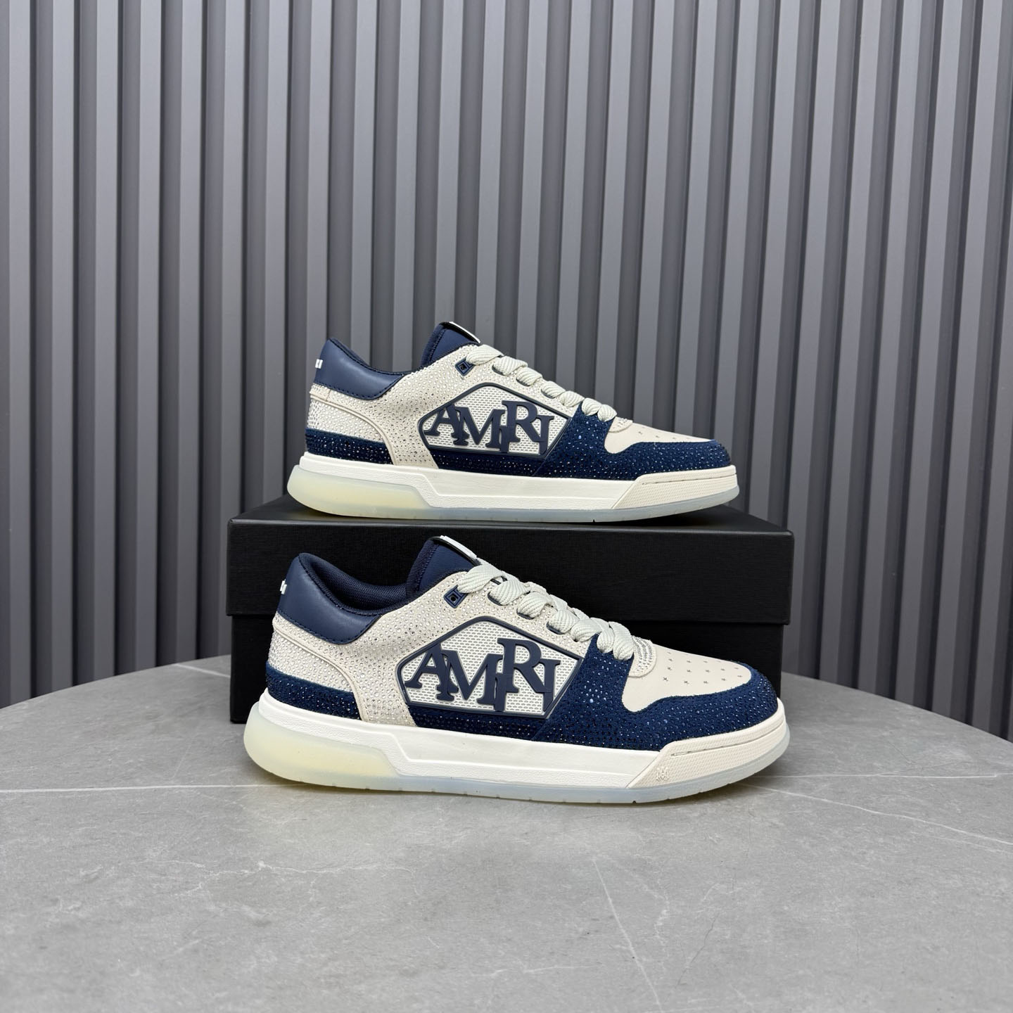 Amiri Beige & Navy Crystal Classic Low Sneakers - DesignerGu