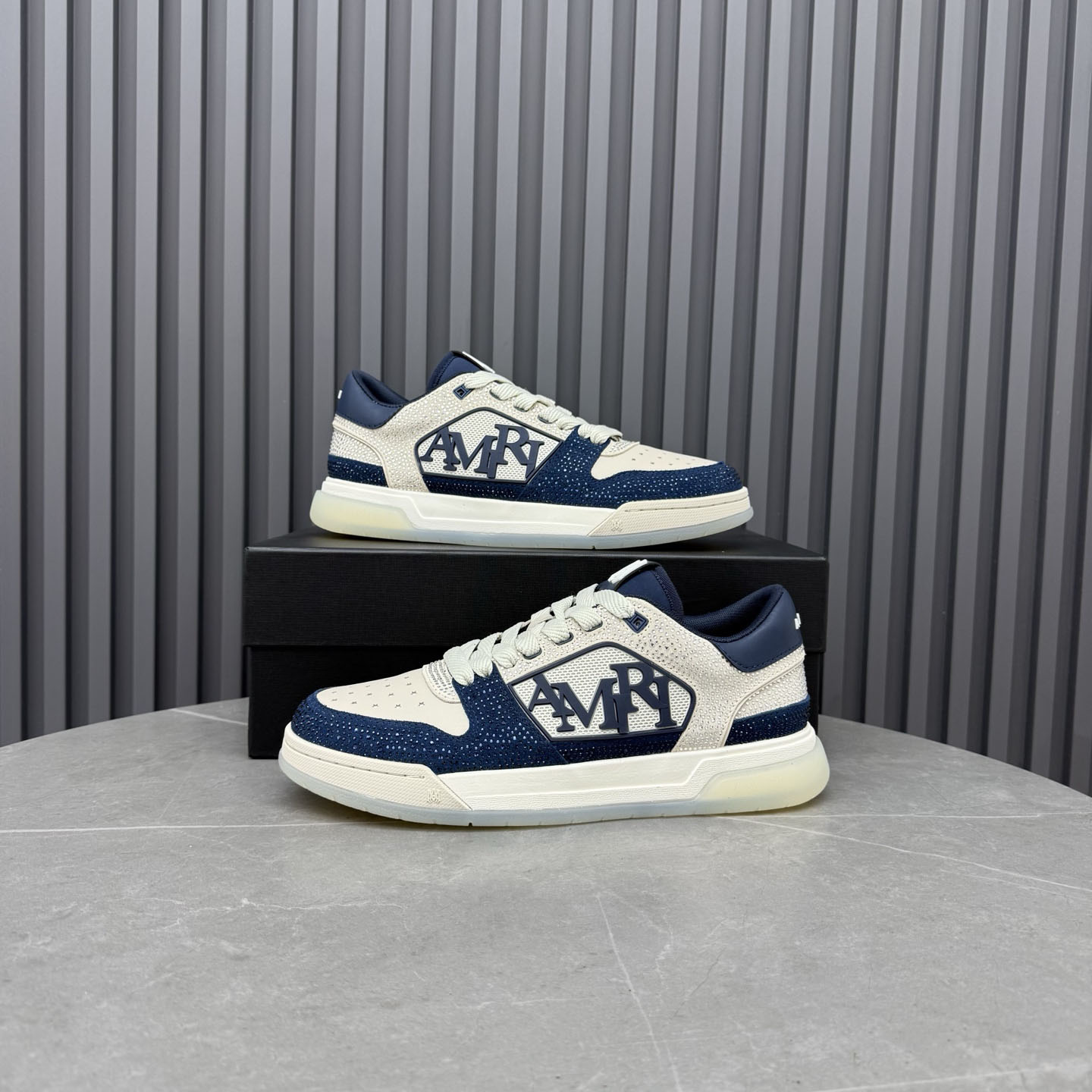 Amiri Beige & Navy Crystal Classic Low Sneakers - DesignerGu