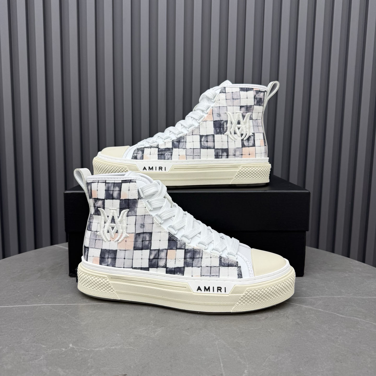 Amiri Gray & White Checkered Court Hi Sneakers - DesignerGu