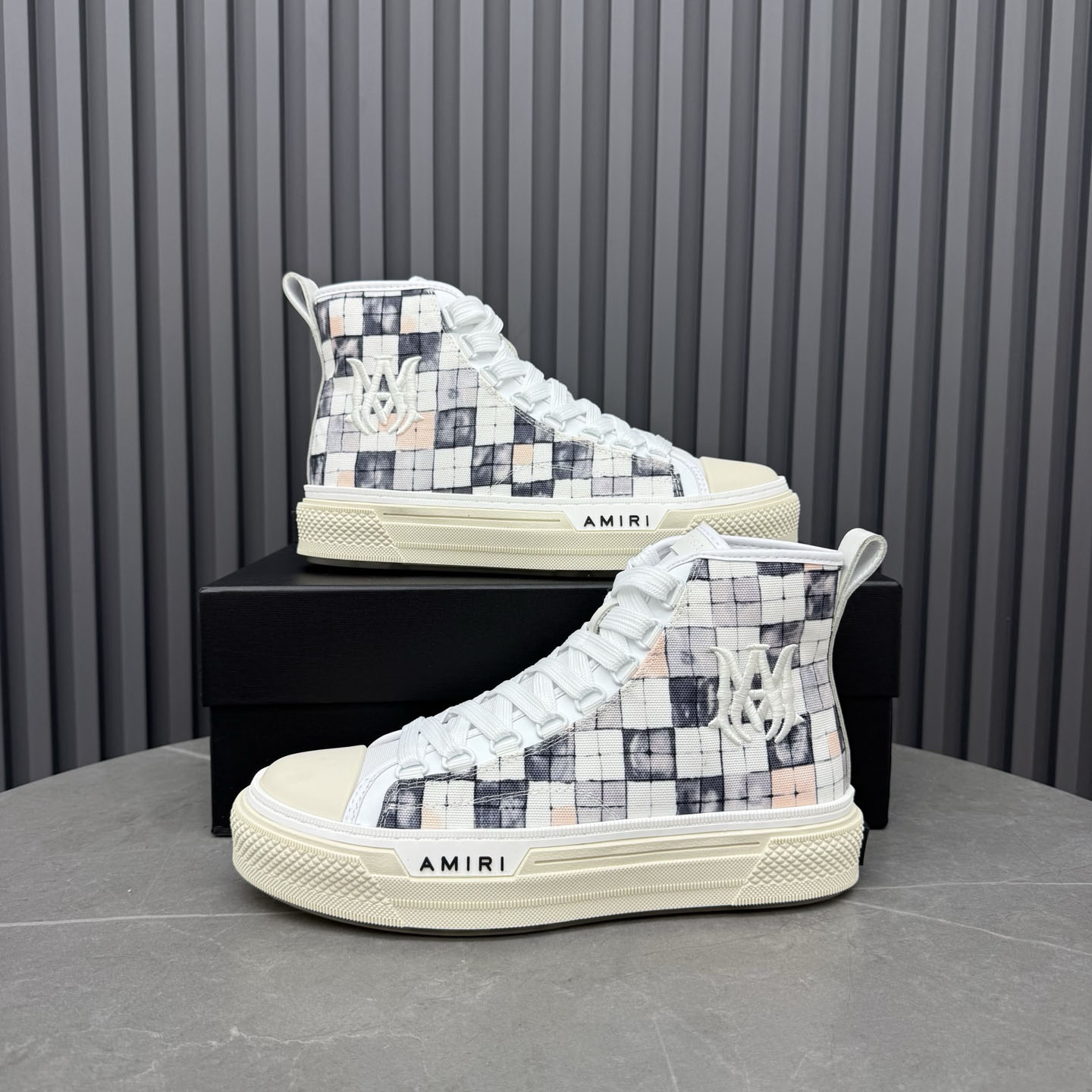 Amiri Gray & White Checkered Court Hi Sneakers - DesignerGu